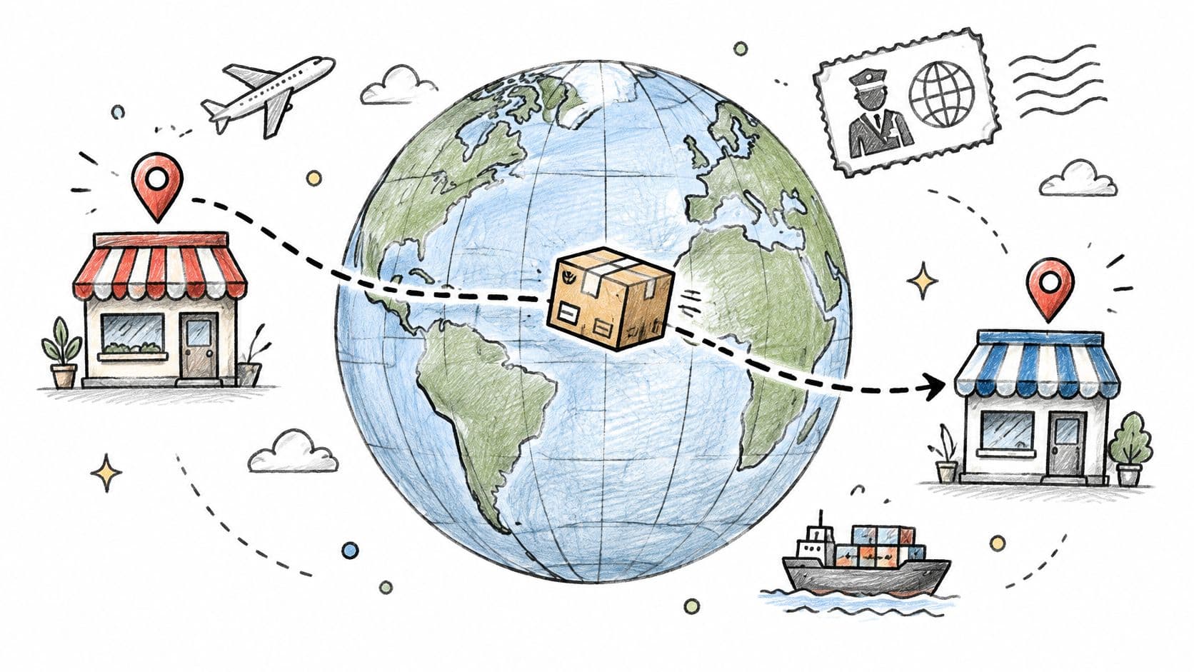 A hand-drawn illustration showing a package being shipped from one shop to another across the globe.