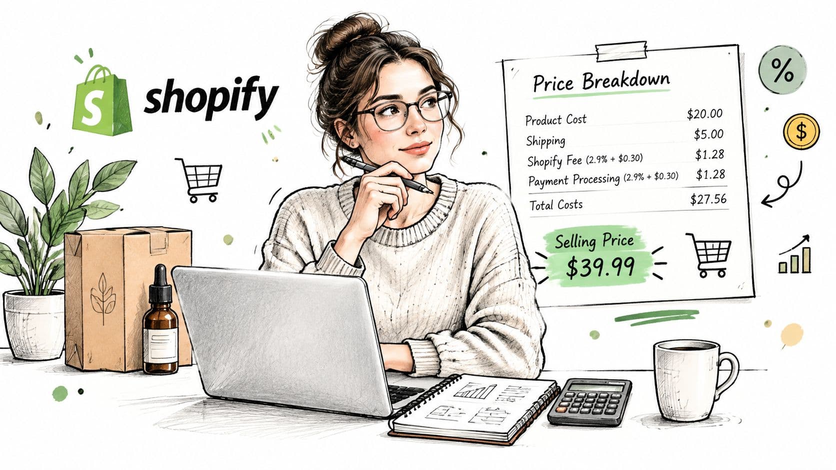 A businesswoman planning e-commerce costs at her desk with a laptop and a Shopify price breakdown