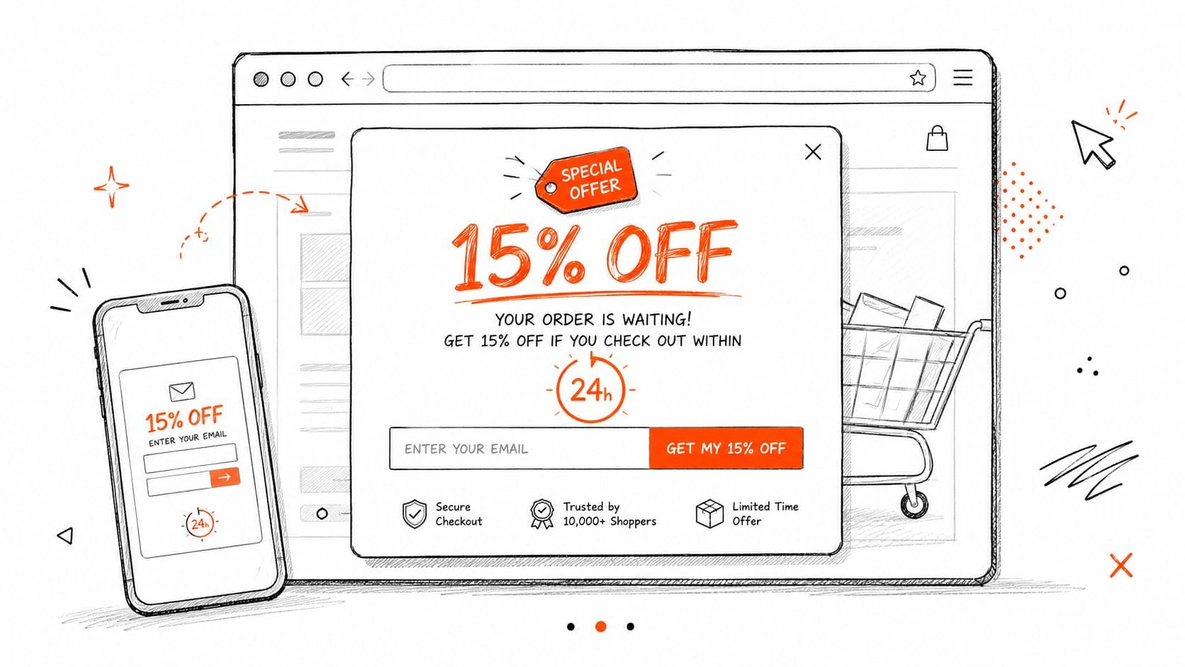 A hand-drawn digital illustration of an e-commerce website showing an exit intent popup with a discount offer.