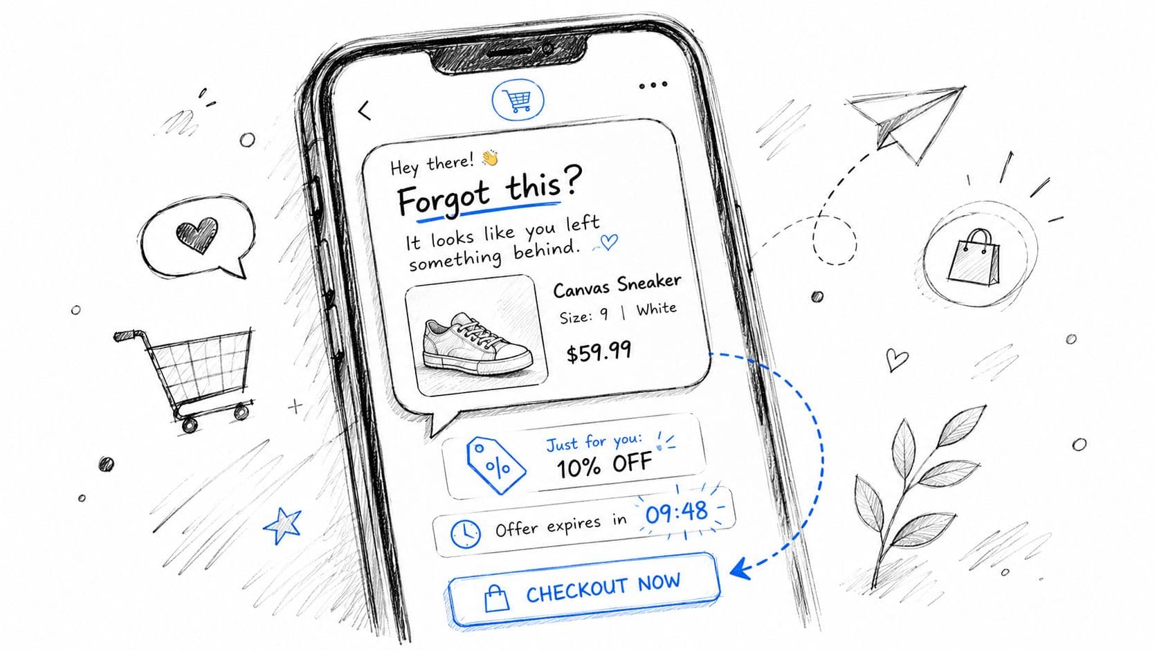 A digital illustration showing a mobile phone screen displaying a shopping cart abandonment notification with a discount offer.