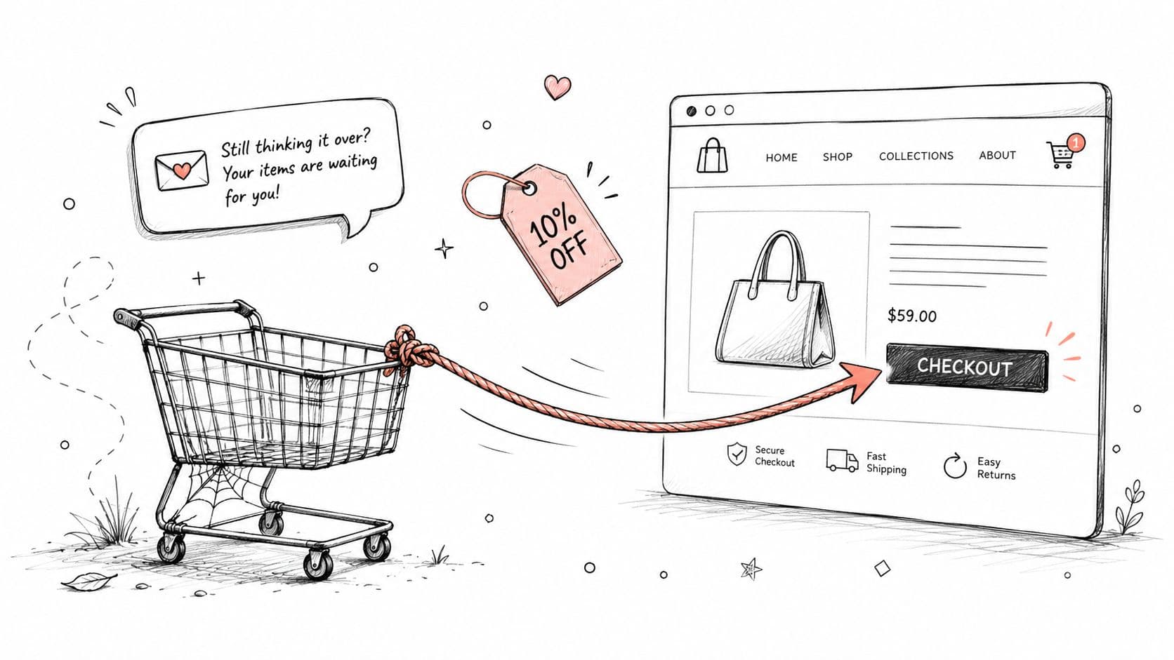 A hand-drawn illustration showing a shopping cart being pulled toward an online checkout page with a discount.