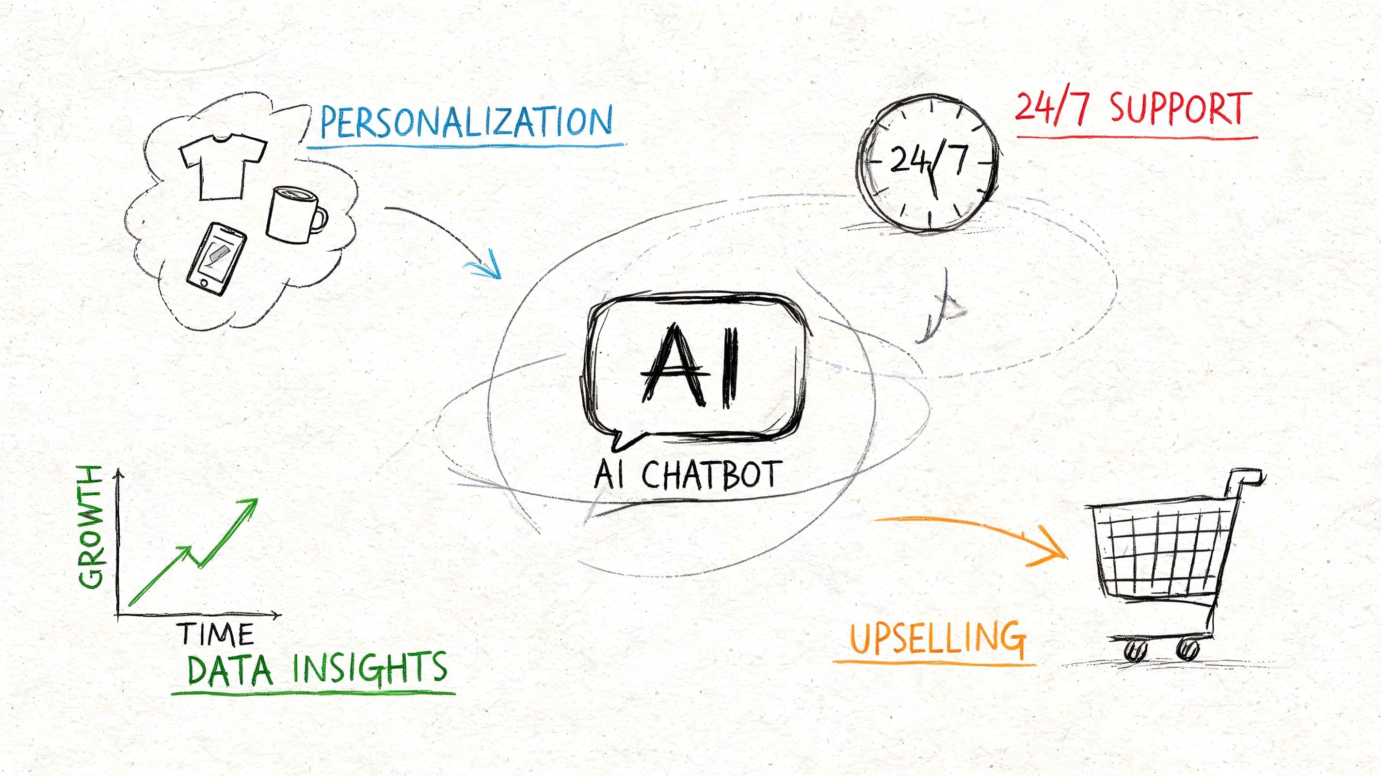 Hand-drawn sketch illustrating how an AI chatbot benefits ecommerce through personalization, 24/7 support, growth, and upselling.