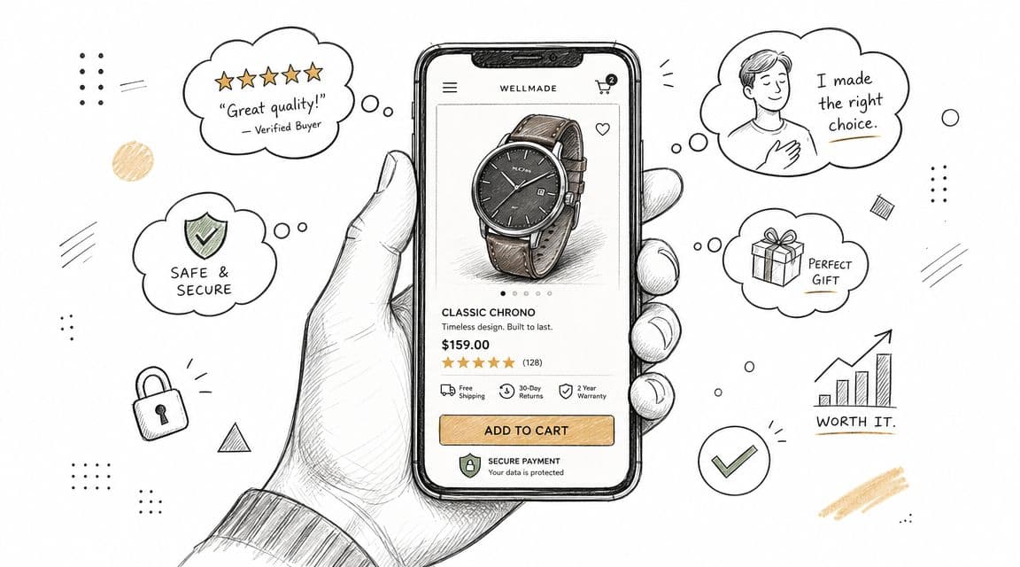 A hand holding a smartphone displaying an e-commerce watch product page with social proof and conversion elements.