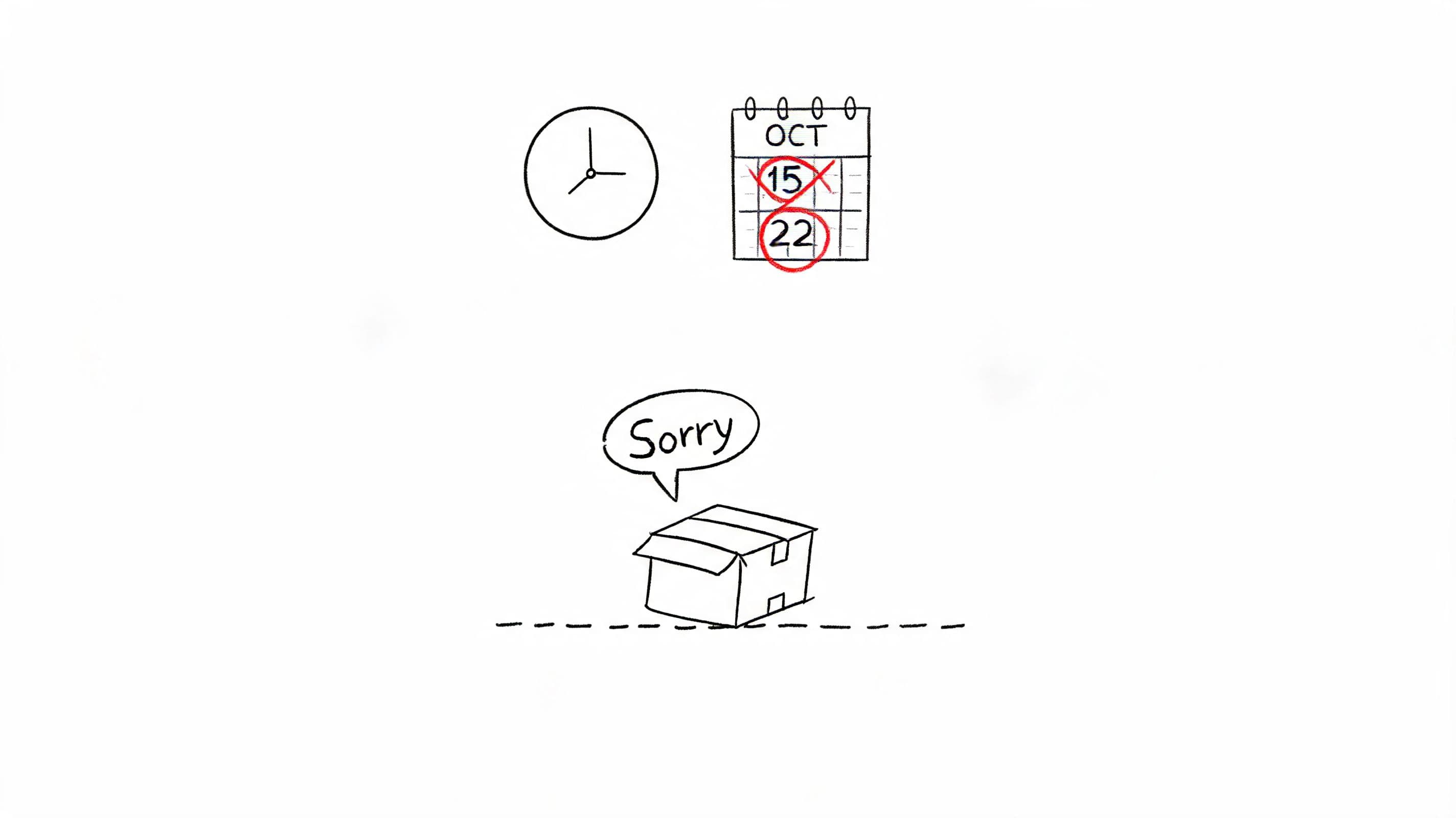 A simple hand-drawn illustration showing a clock, a calendar with dates circled, and a box saying sorry.