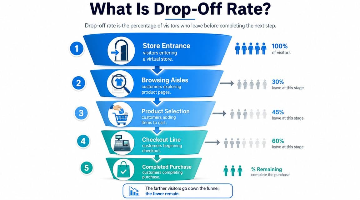 A marketing sales funnel infographic illustrating visitor drop-off rates at each stage of a shopping journey.