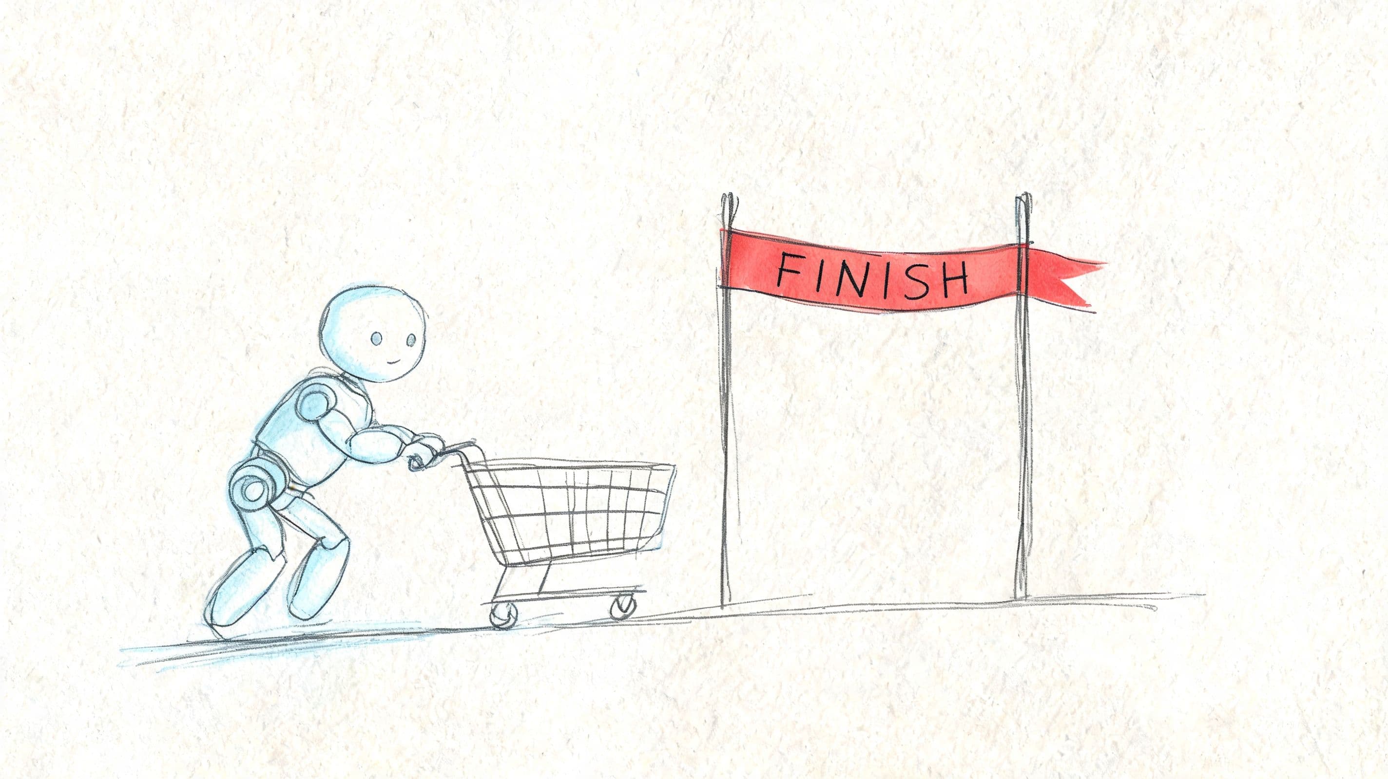 A simplified illustration of a friendly robot pushing a shopping cart towards a red finish line banner.