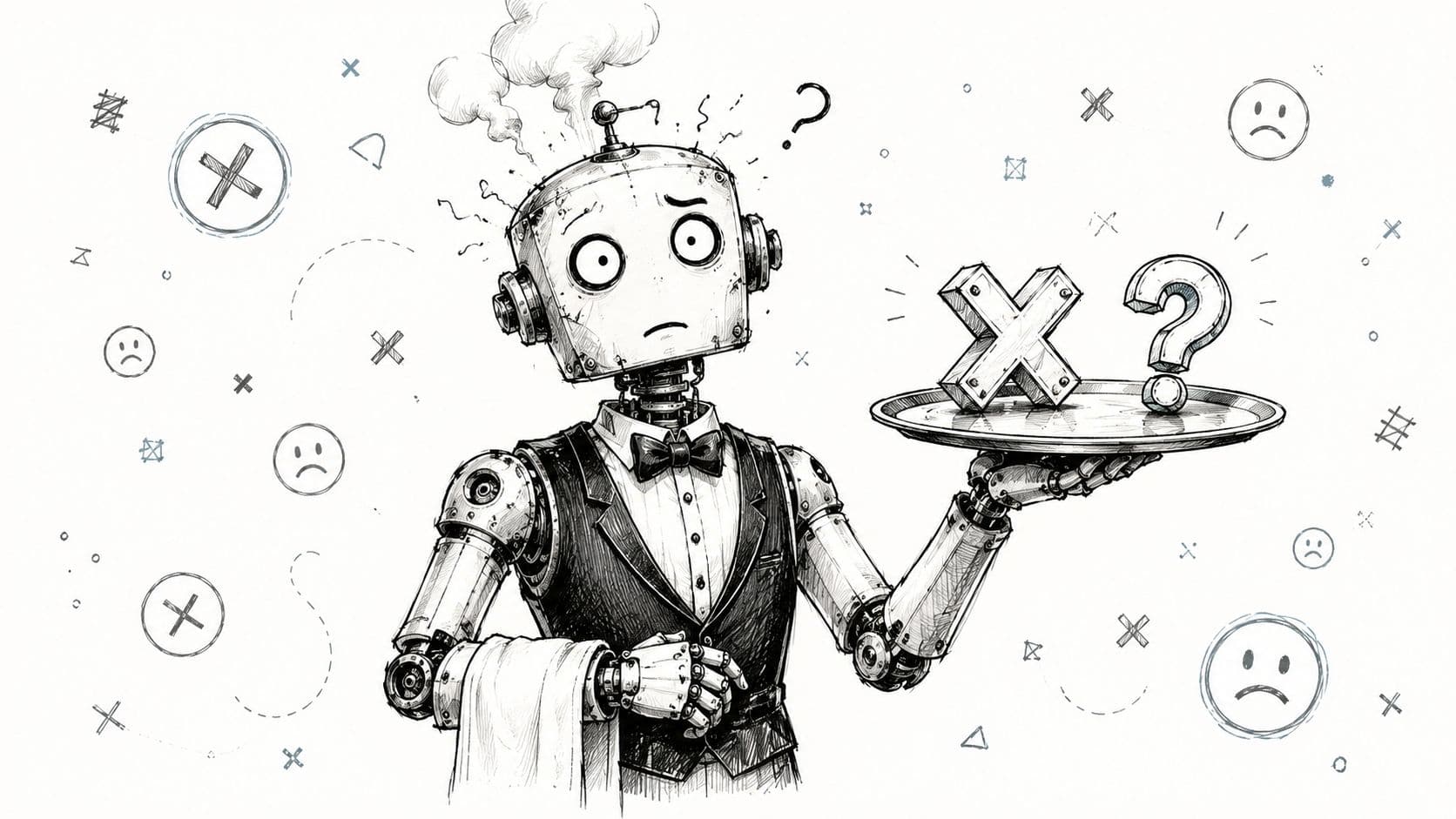 A confused robot butler wearing a tuxedo holding a tray with a cross symbol and question mark.