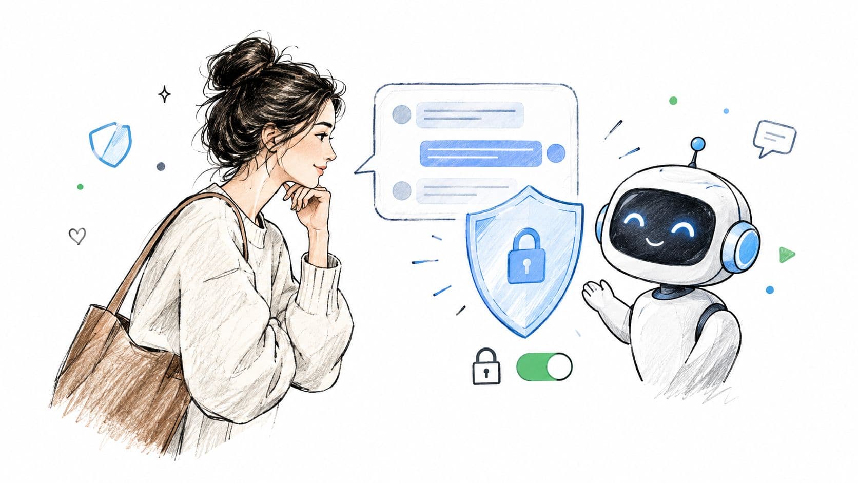 A woman contemplating a friendly robot assistant next to a digital security shield and chat interface illustration.