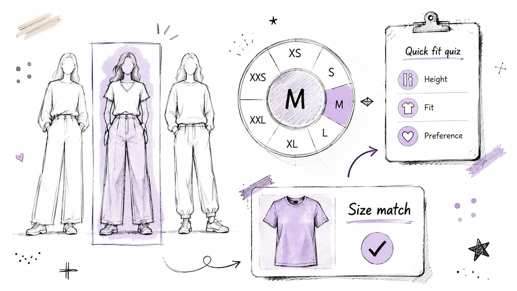 A digital illustration showing a fashion fit quiz with sizing charts, clothing sketches, and size recommendation tools.