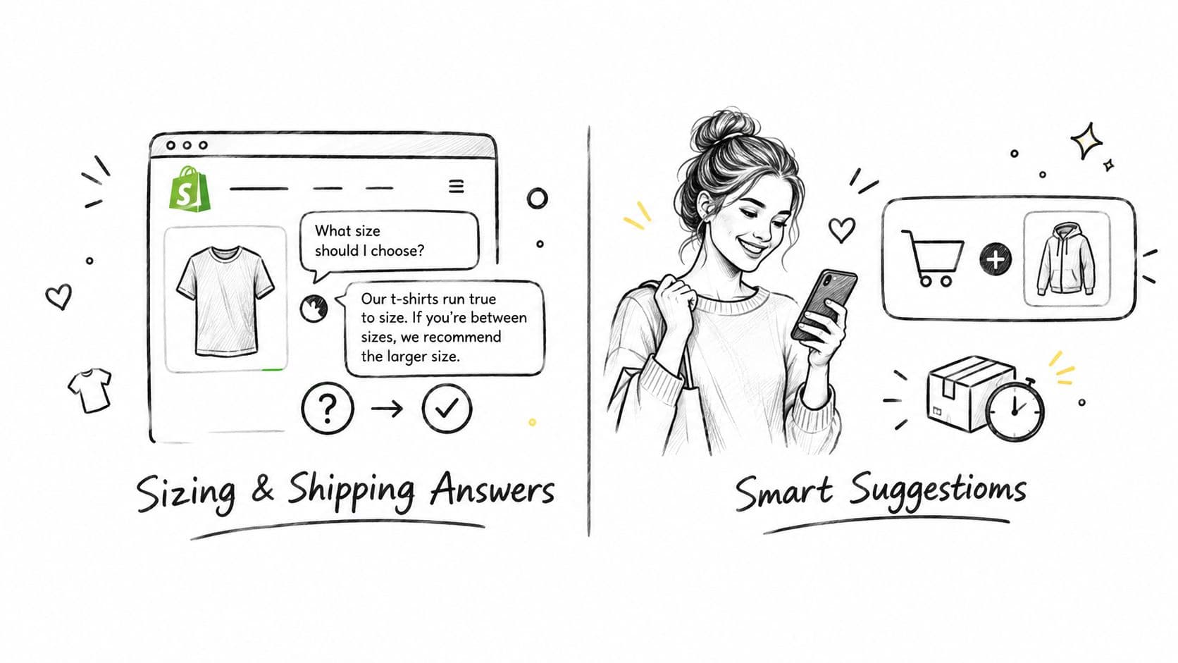 A hand-drawn illustration showing an AI assistant providing clothing sizing advice and smart product shopping suggestions.
