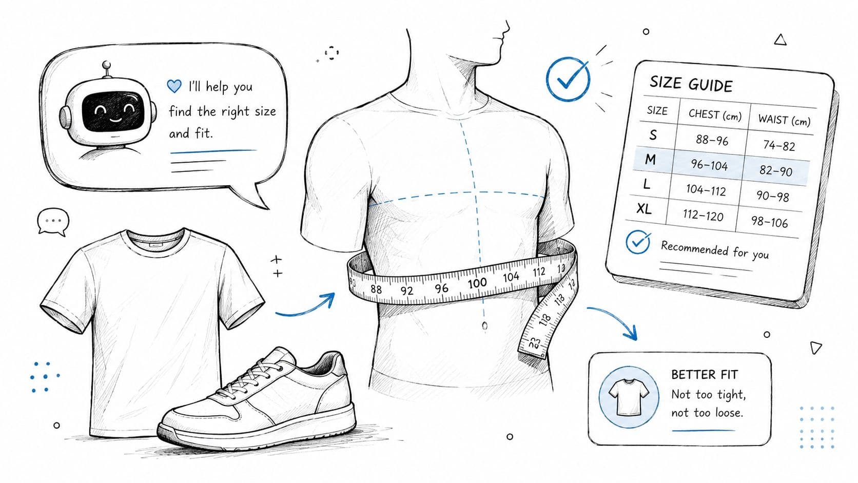 A digital illustration showing a size guide assistant and a person measuring their chest for t-shirt sizing.
