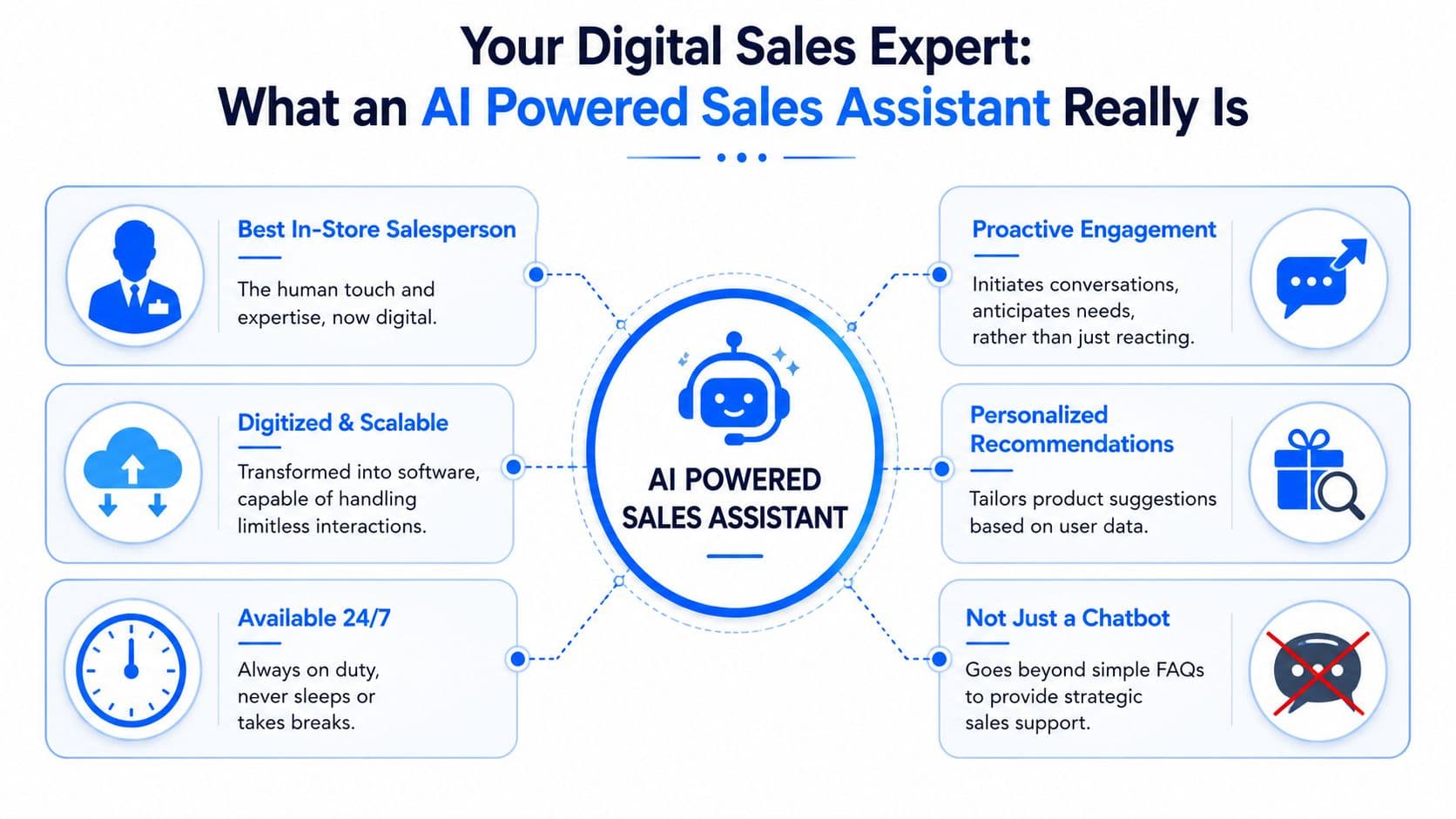 A diagram illustrating the key benefits and capabilities of an AI powered sales assistant for businesses.