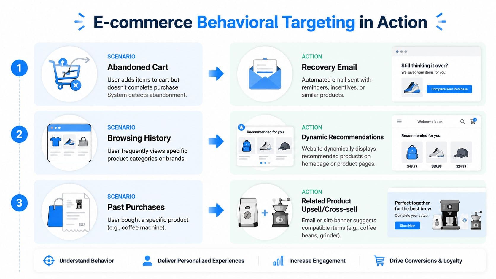 A diagram illustrating three e-commerce behavioral targeting scenarios including abandoned carts, browsing history, and past purchase recommendations.