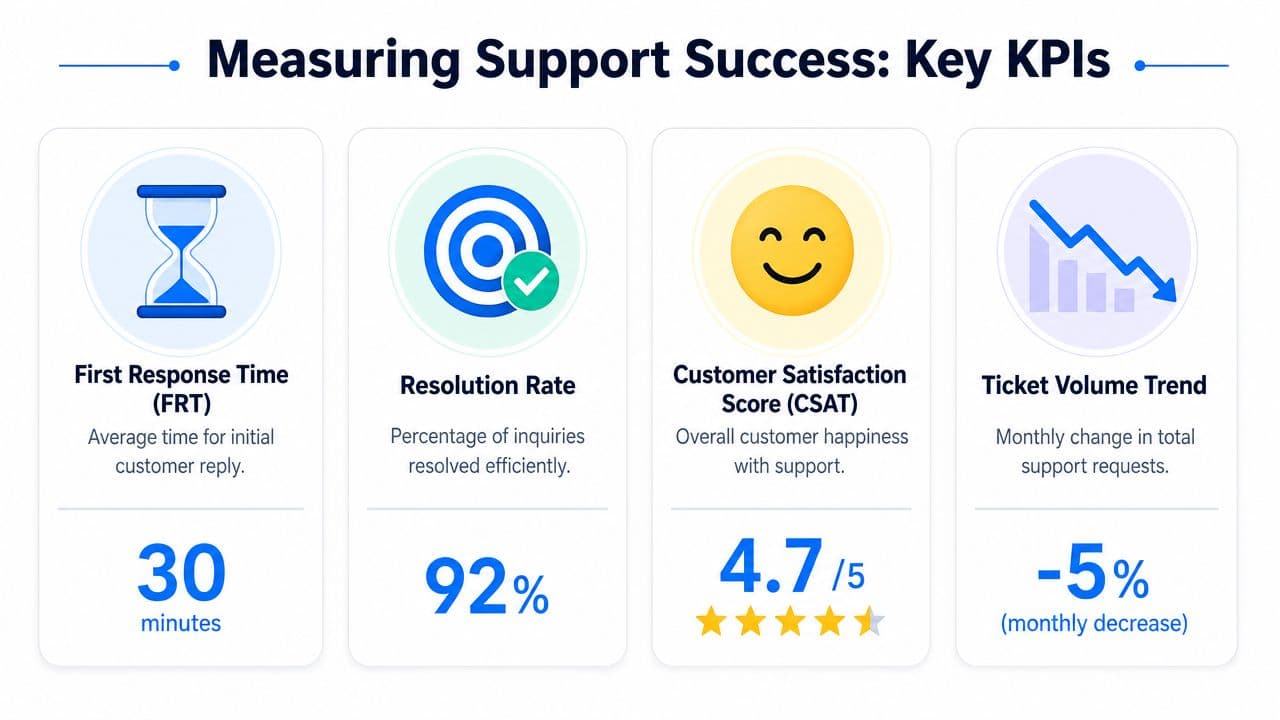 An infographic titled Measuring Support Success showing four key KPIs: First Response Time, Resolution Rate, CSAT, and Ticket Volume.