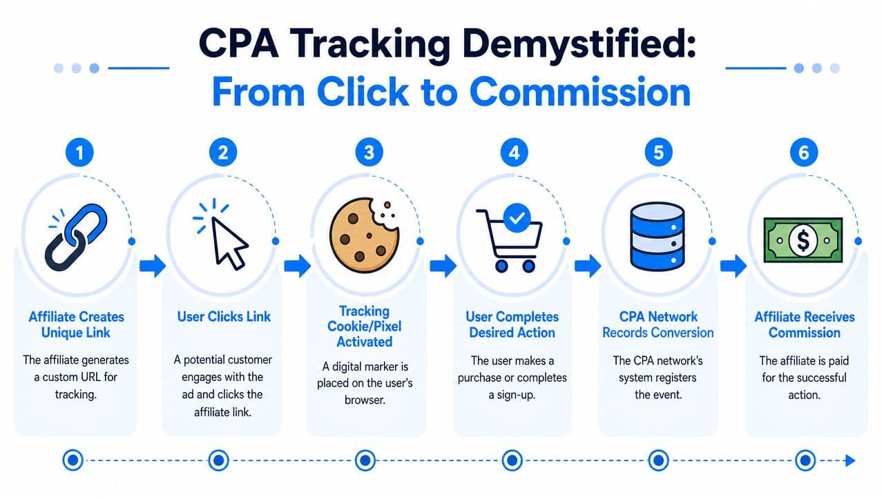 A six-step infographic illustrating the CPA tracking process from affiliate link creation to earning a commission.