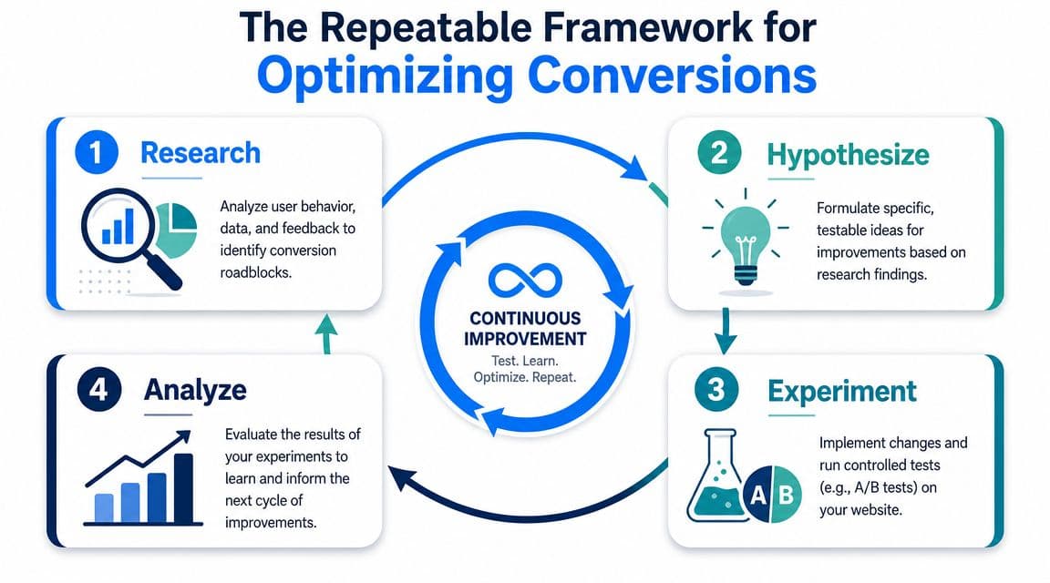 A diagram illustrating the four steps of the repeatable framework for optimizing website conversions through continuous improvement.