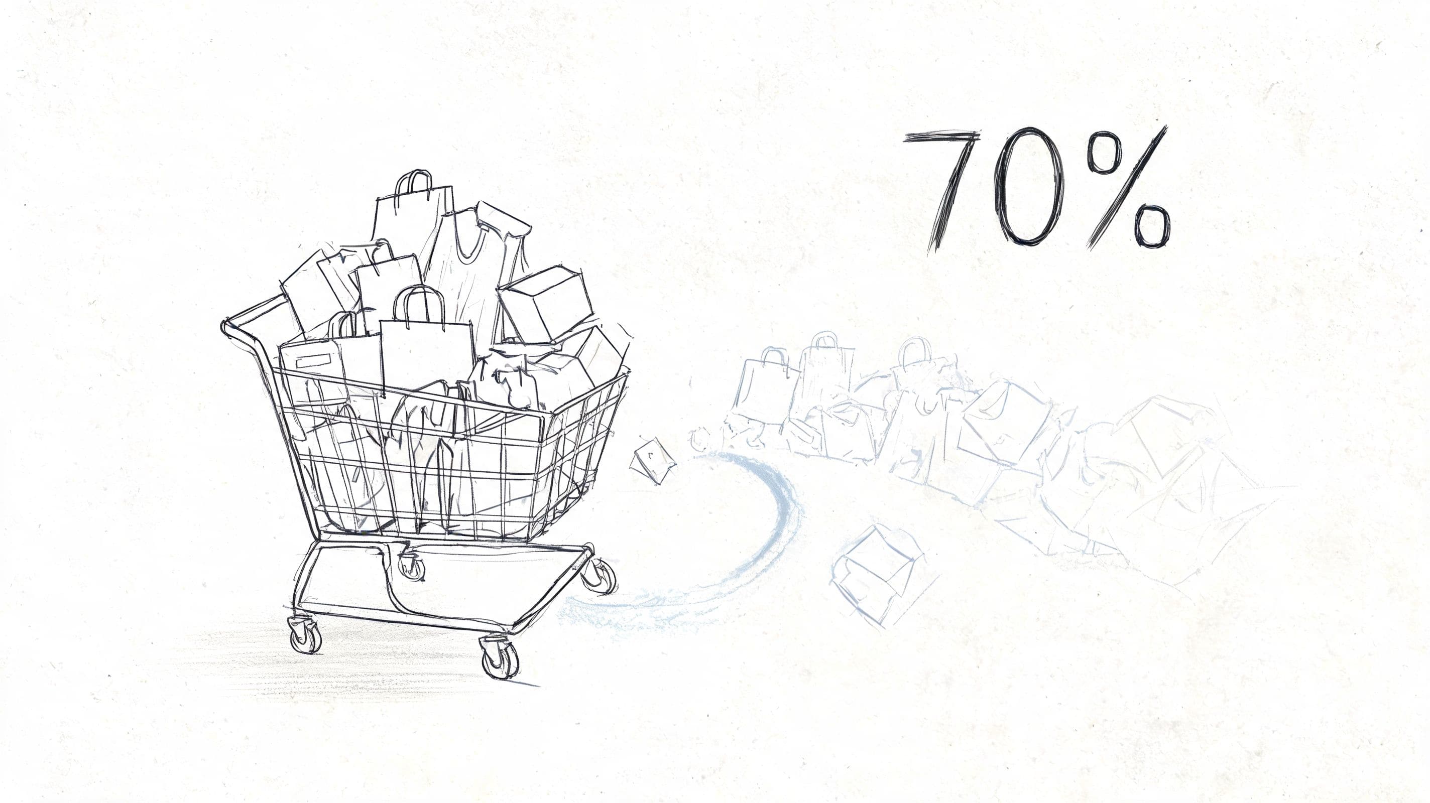 A hand-drawn sketch of a shopping cart overflowing with bags alongside a seventy percent discount label.