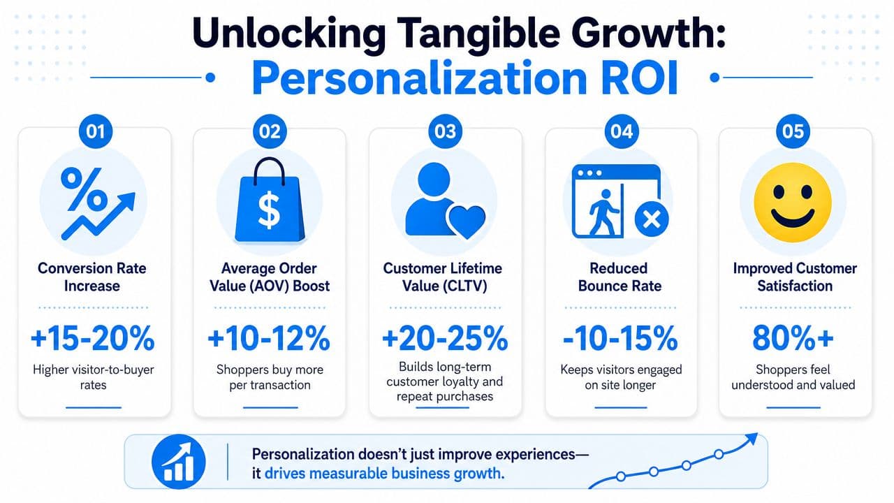 An infographic illustrating how ecommerce personalization software drives business growth through increased metrics and customer satisfaction.