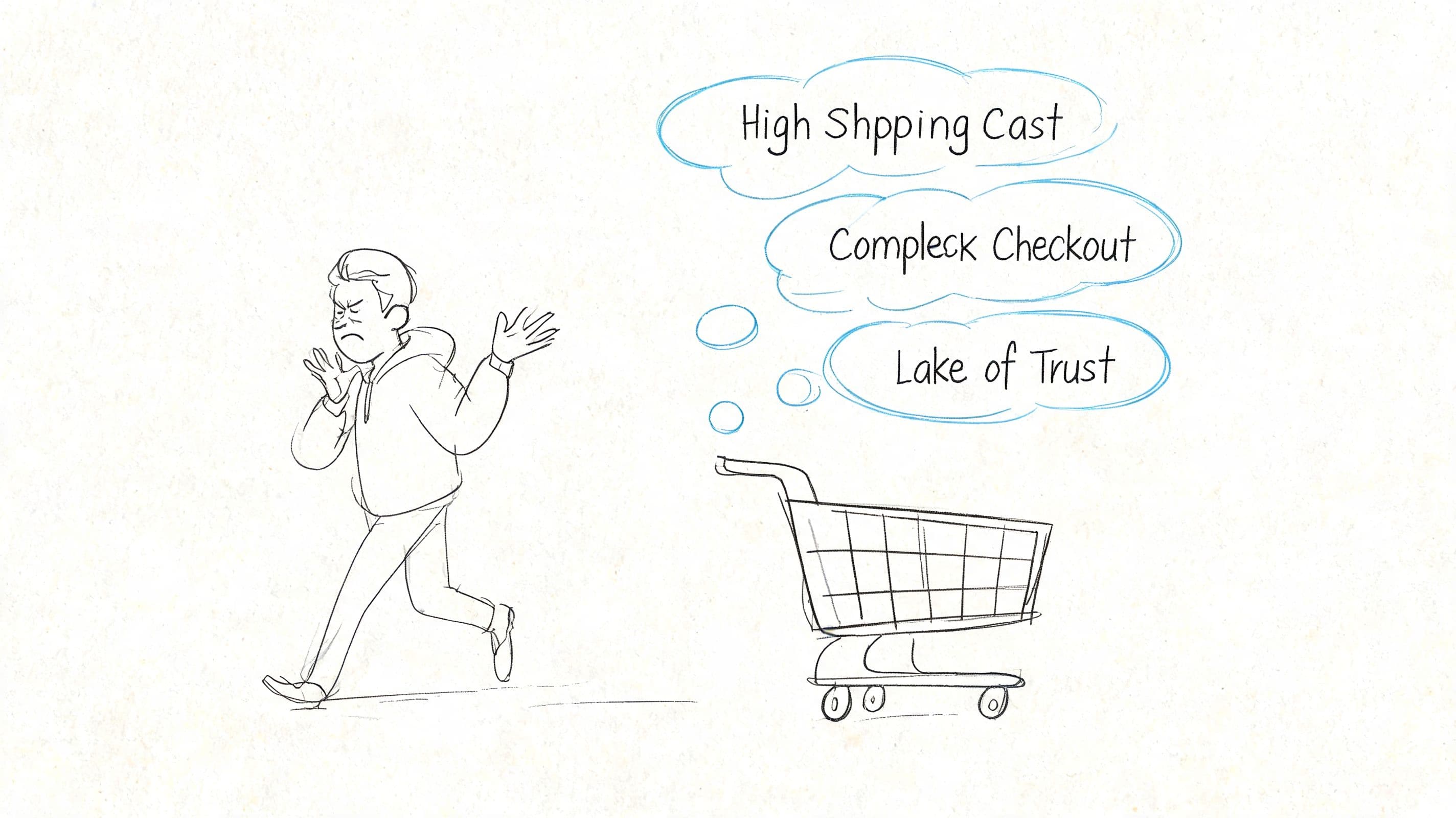A line art drawing showing a frustrated customer walking away from an online shopping cart due to issues.