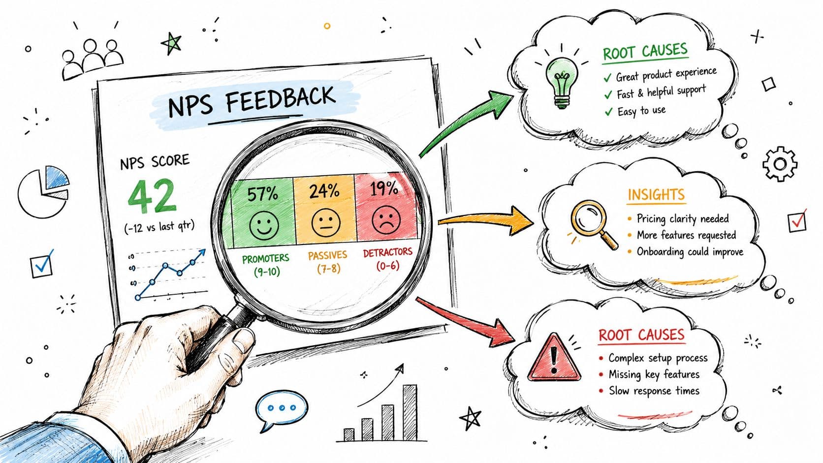 A hand holding a magnifying glass over an NPS feedback chart with analysis of promoters, passives, and detractors.