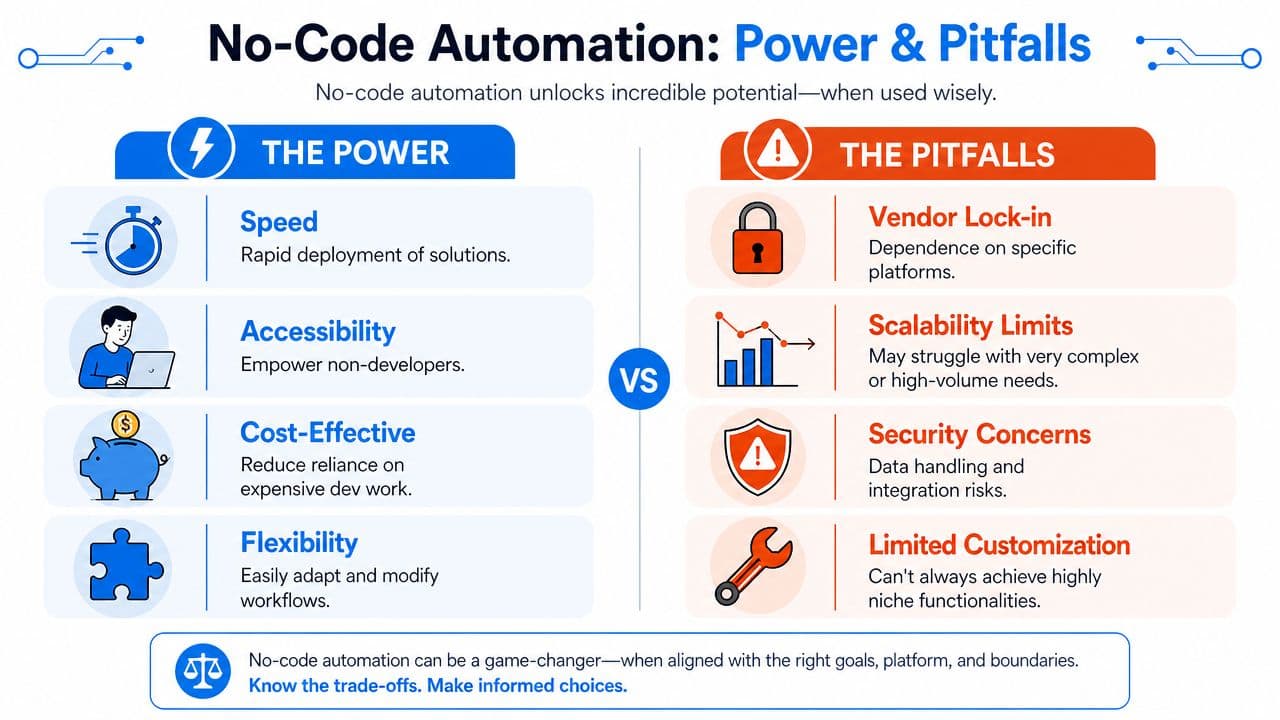 An infographic comparing the benefits and challenges of no-code automation, including speed, accessibility, vendor lock-in, and security.