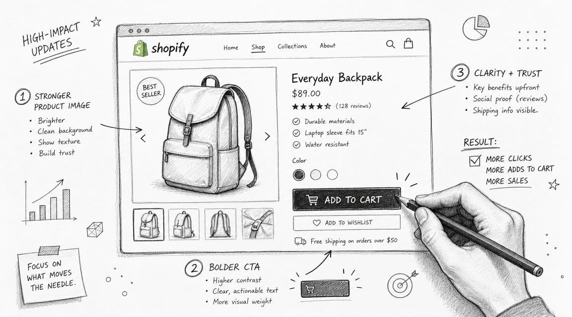 A hand-drawn sketch of a Shopify product page highlighting conversion rate optimization strategies and design improvements.