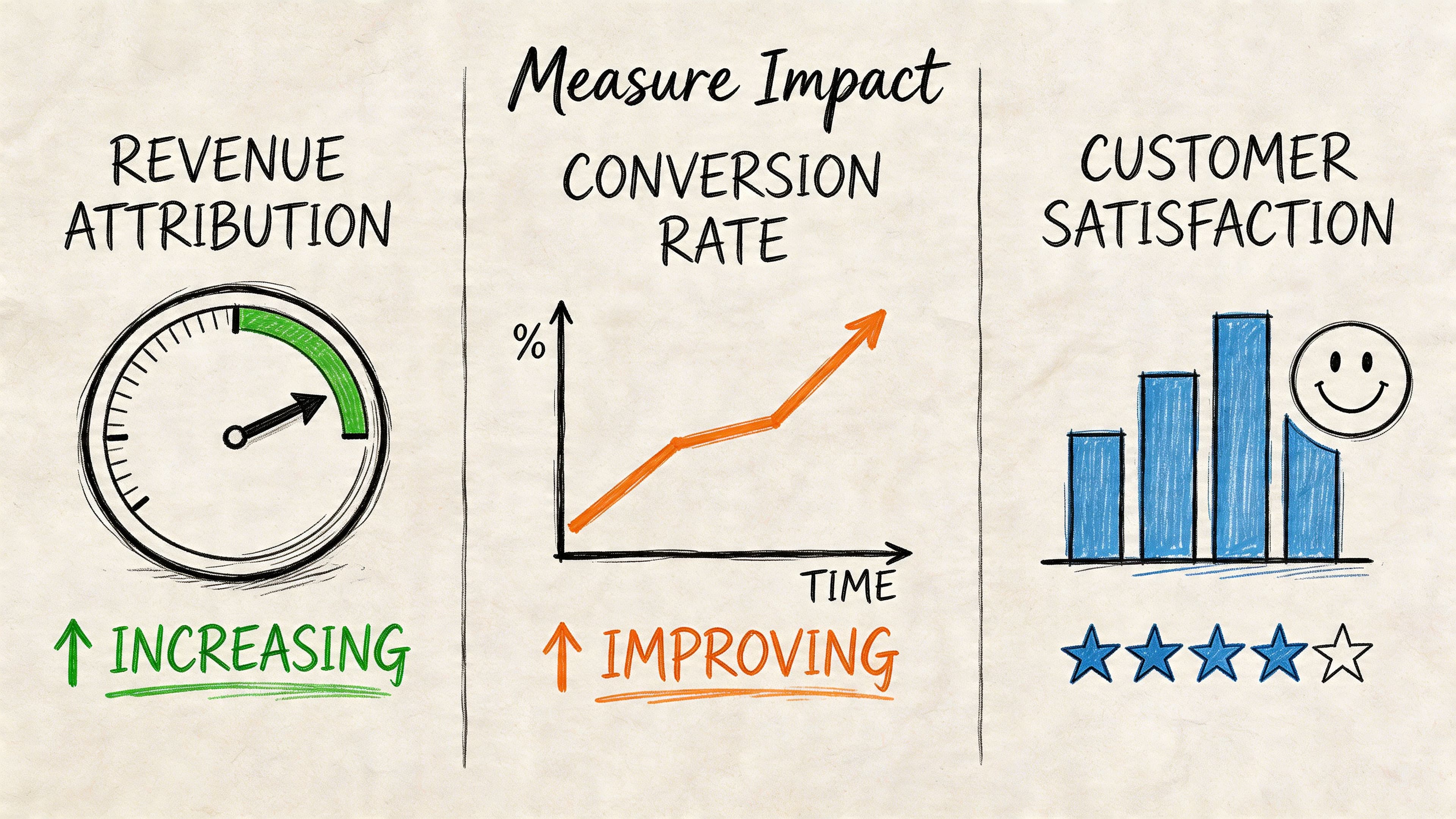 A hand-drawn illustration showing metrics for revenue attribution, conversion rate, and customer satisfaction on paper.