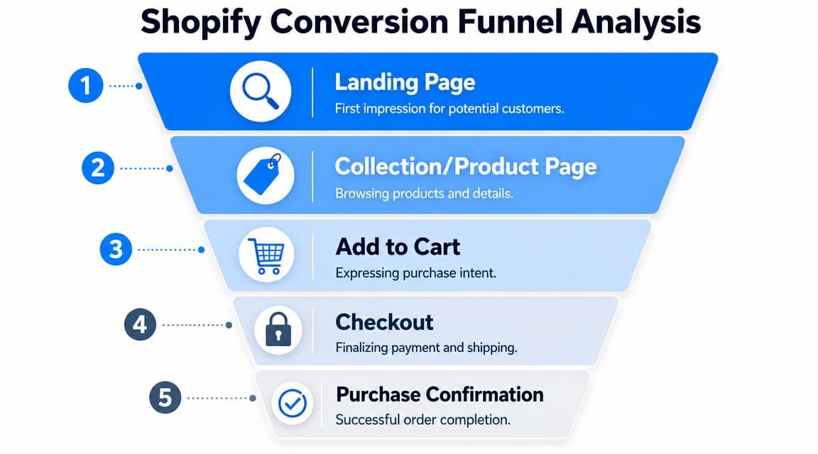 A conversion funnel diagram for Shopify stores showing five steps from landing page to purchase confirmation.