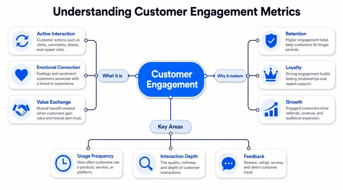 A diagram illustrating customer engagement metrics, covering what it is, why it matters, and key areas.