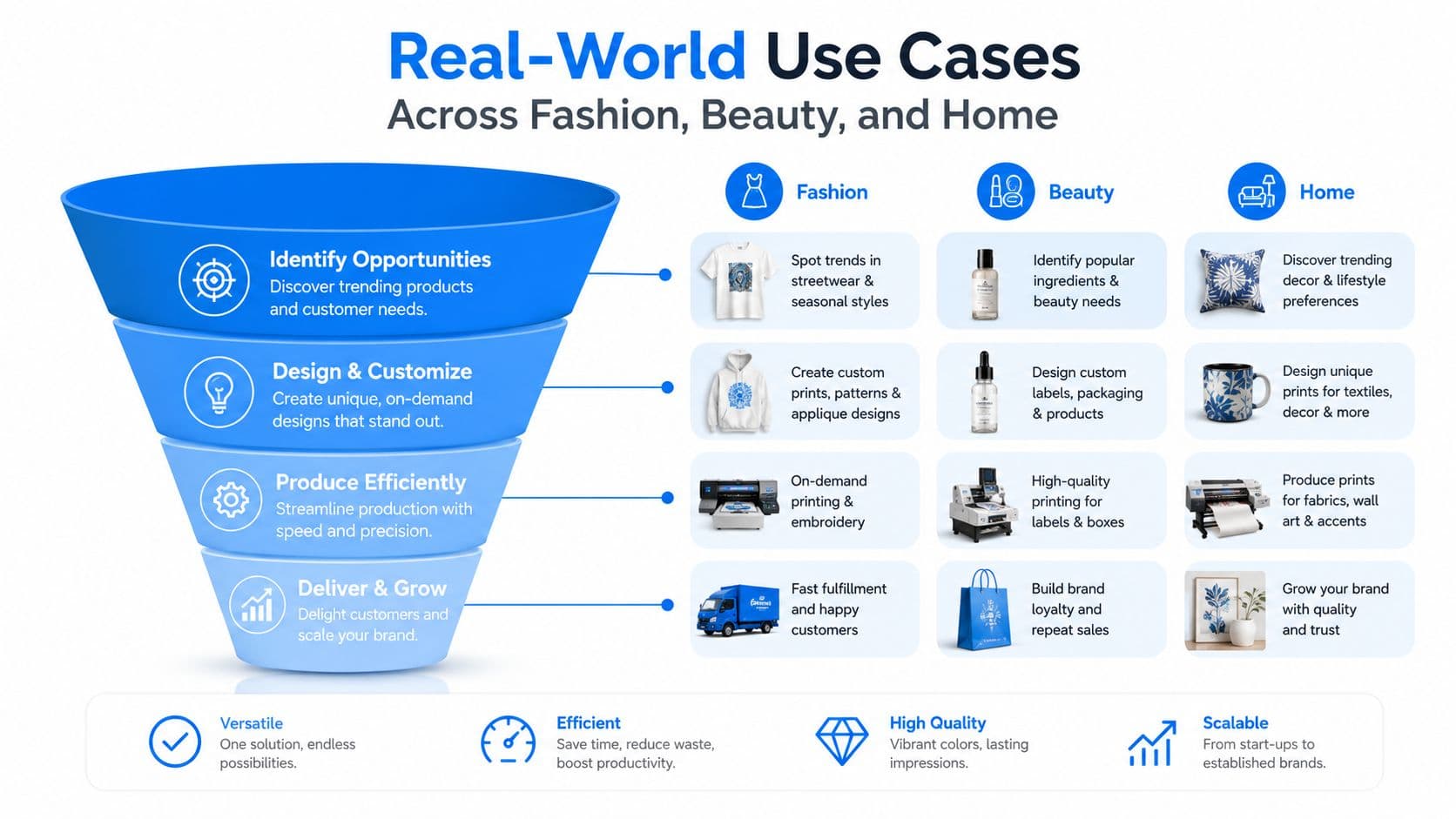 A funnel diagram illustrating business workflow stages for fashion, beauty, and home industries using on-demand production.