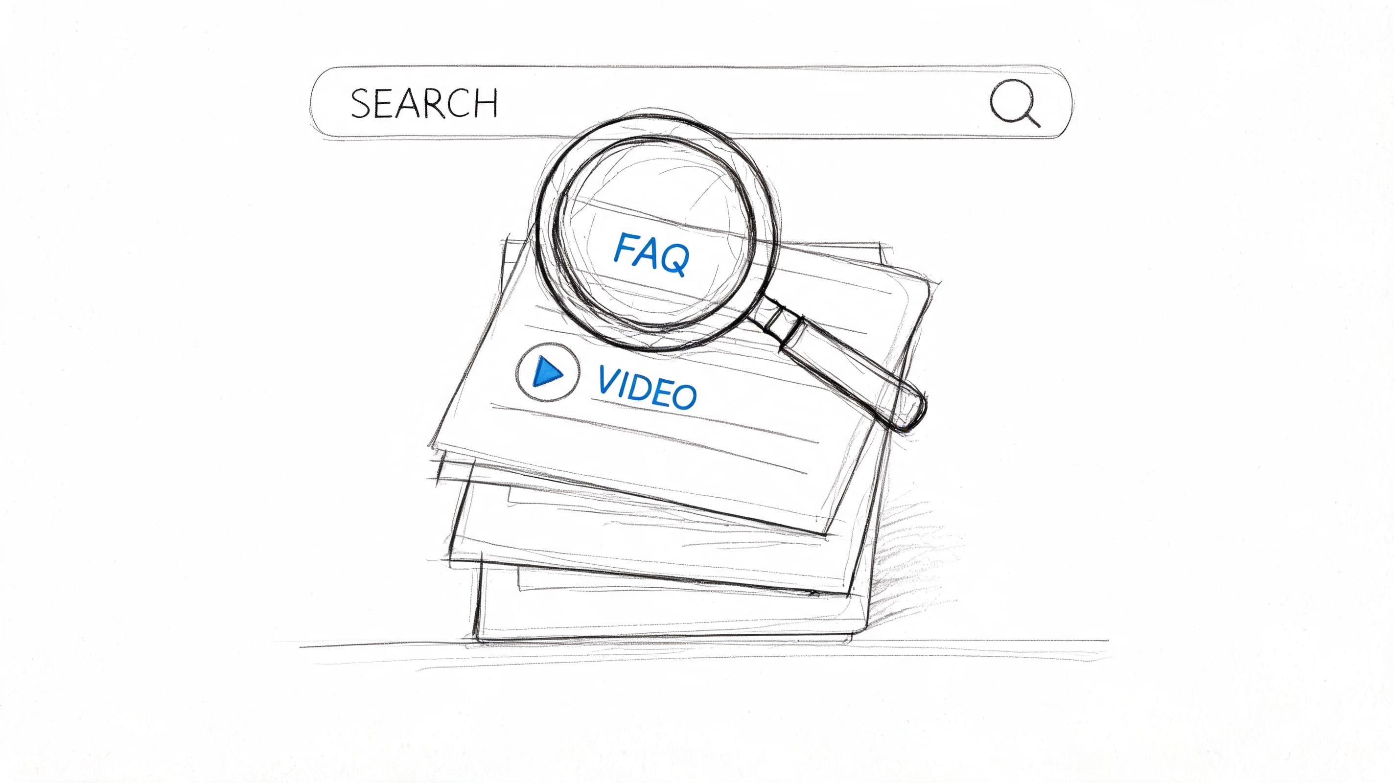 A sketched illustration of a search bar, a magnifying glass over FAQ, and a video icon.
