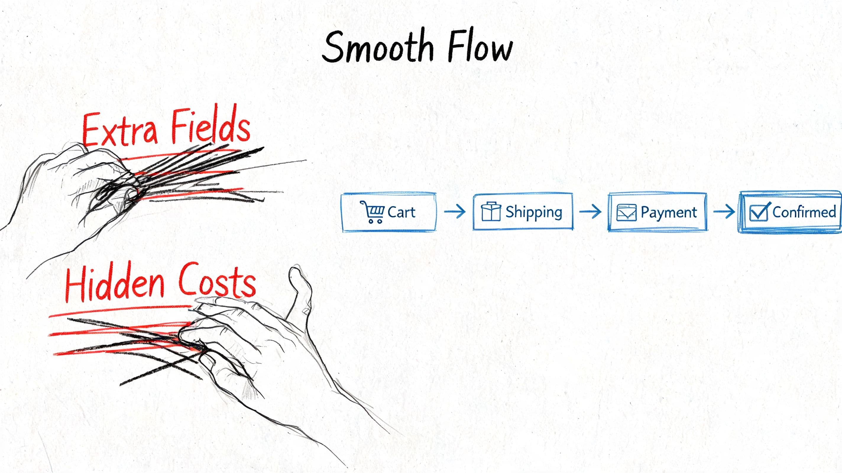 A hand-drawn illustration depicting a smooth e-commerce checkout process and common barriers like extra fields and costs.