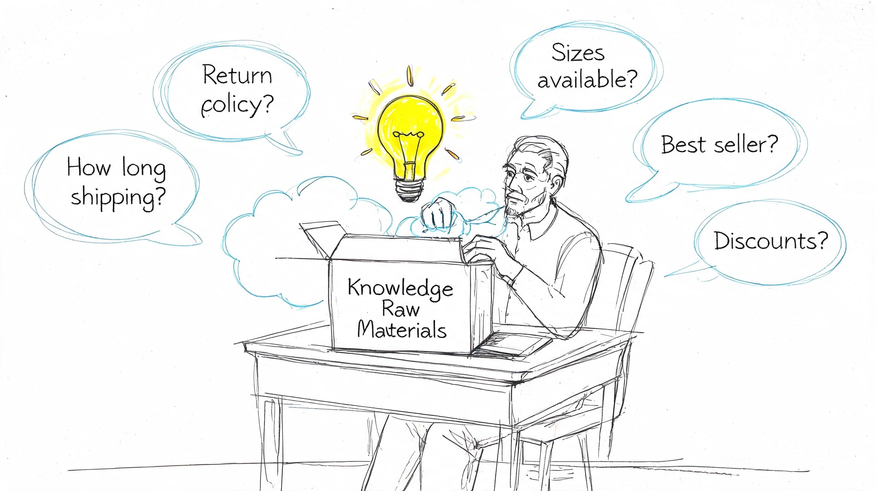 A hand-drawn illustration showing a man sorting through knowledge raw materials while answering customer questions.