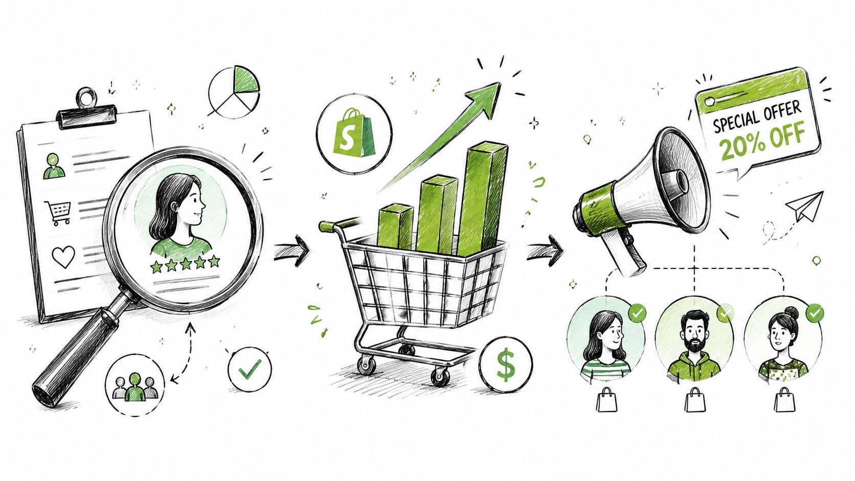 A hand-drawn illustration showing a customer analytics sales process with data analysis, shopping carts, and marketing promotions.