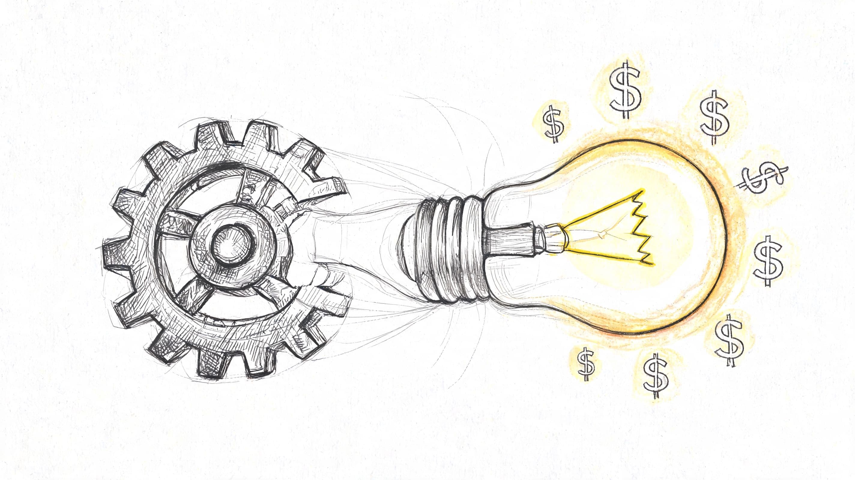 A pencil sketch of a mechanical gear transitioning into a glowing lightbulb surrounded by dollar sign symbols.