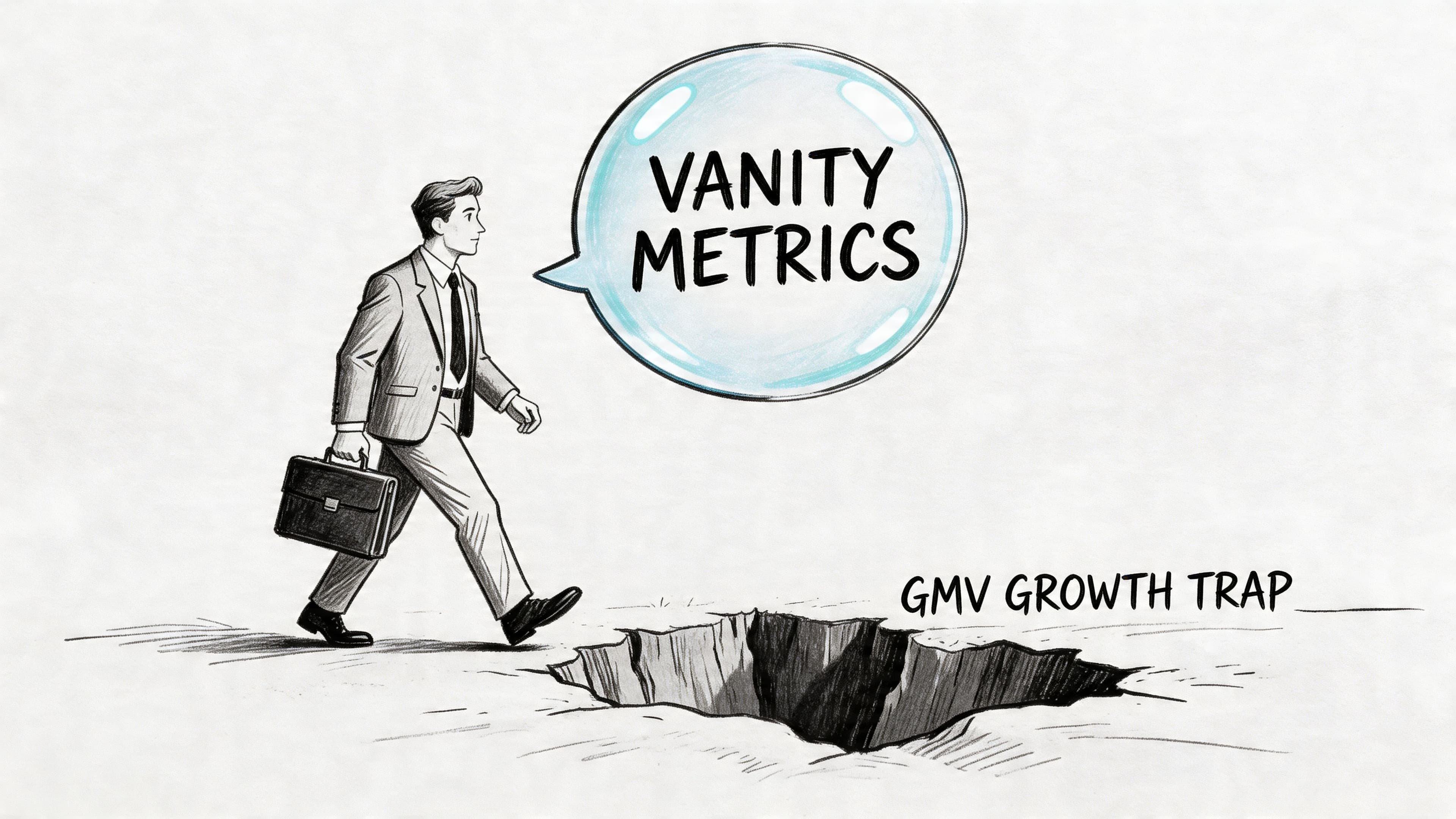 A businessman walking toward a pit labeled GMV growth trap while a speech bubble says vanity metrics.