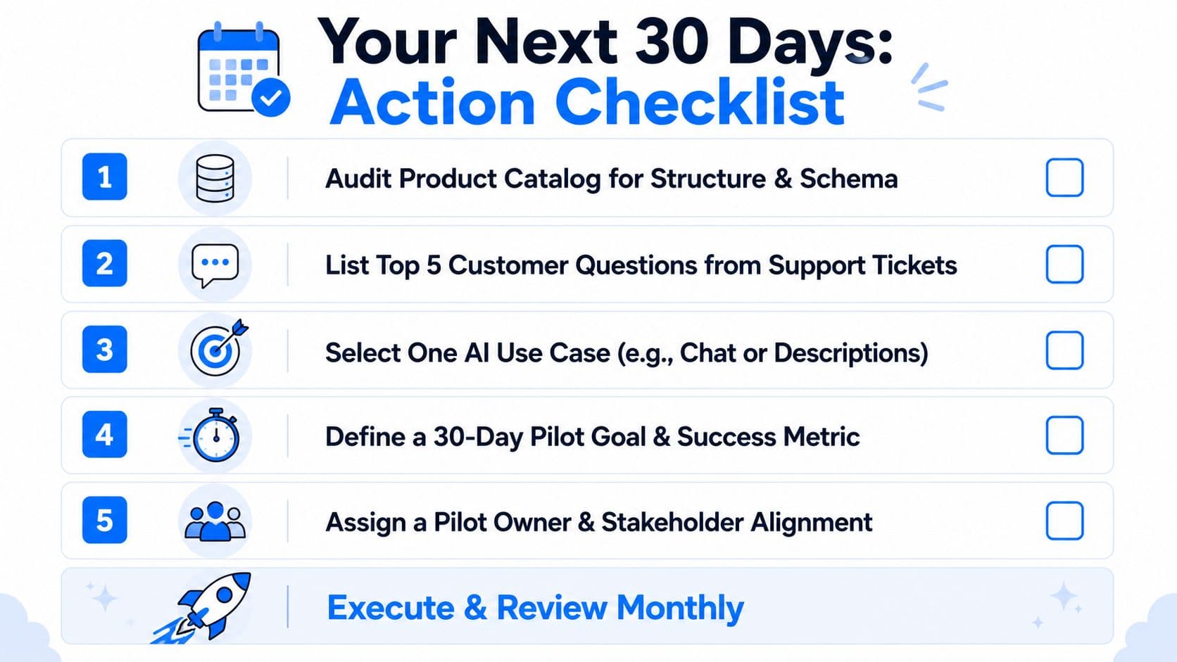 A checklist titled Your Next 30 Days featuring five numbered steps and a final launch milestone.