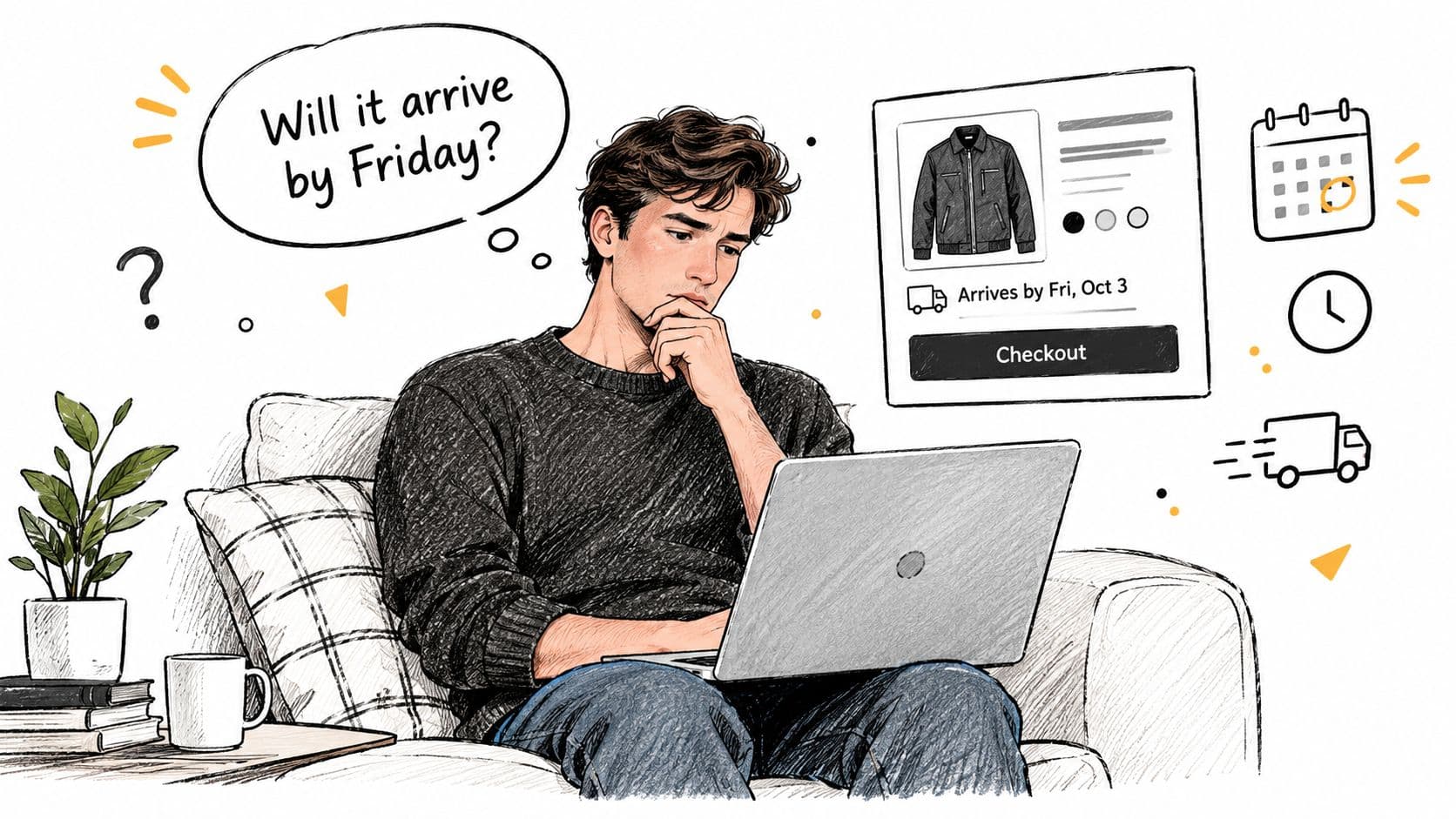 A sketched illustration of a man sitting on a couch with a laptop, questioning delivery times.