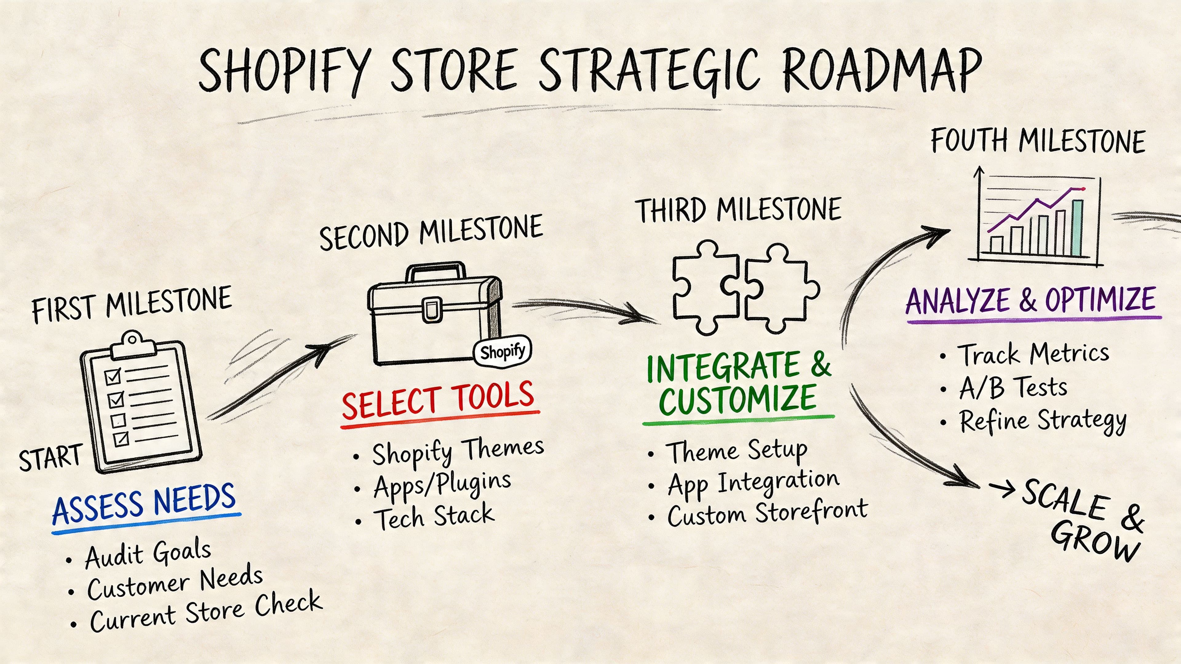 A hand-drawn strategic roadmap for building a successful Shopify ecommerce store, showing four distinct growth milestones.