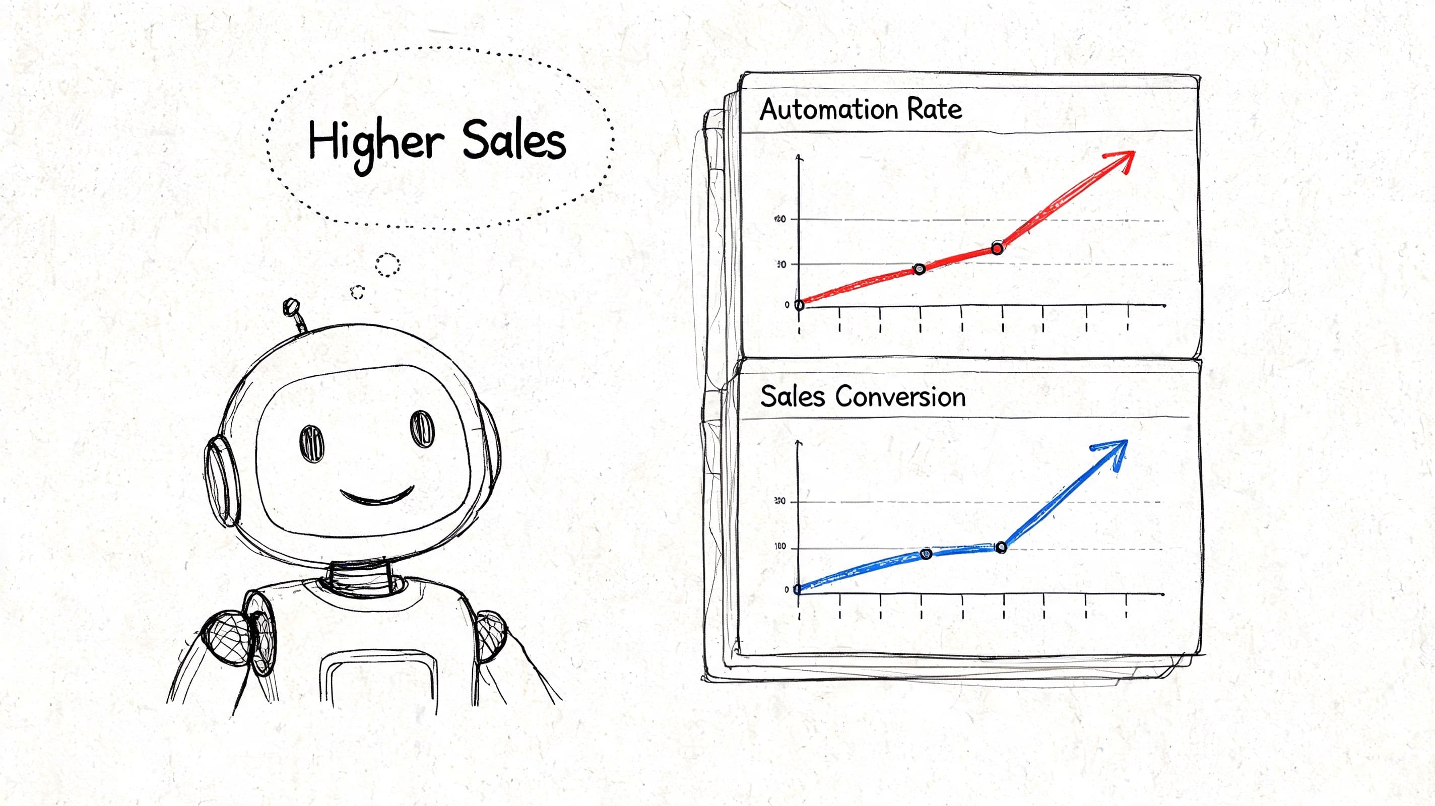A hand-drawn sketch of a friendly robot looking at charts showing rising automation rates and sales conversions.