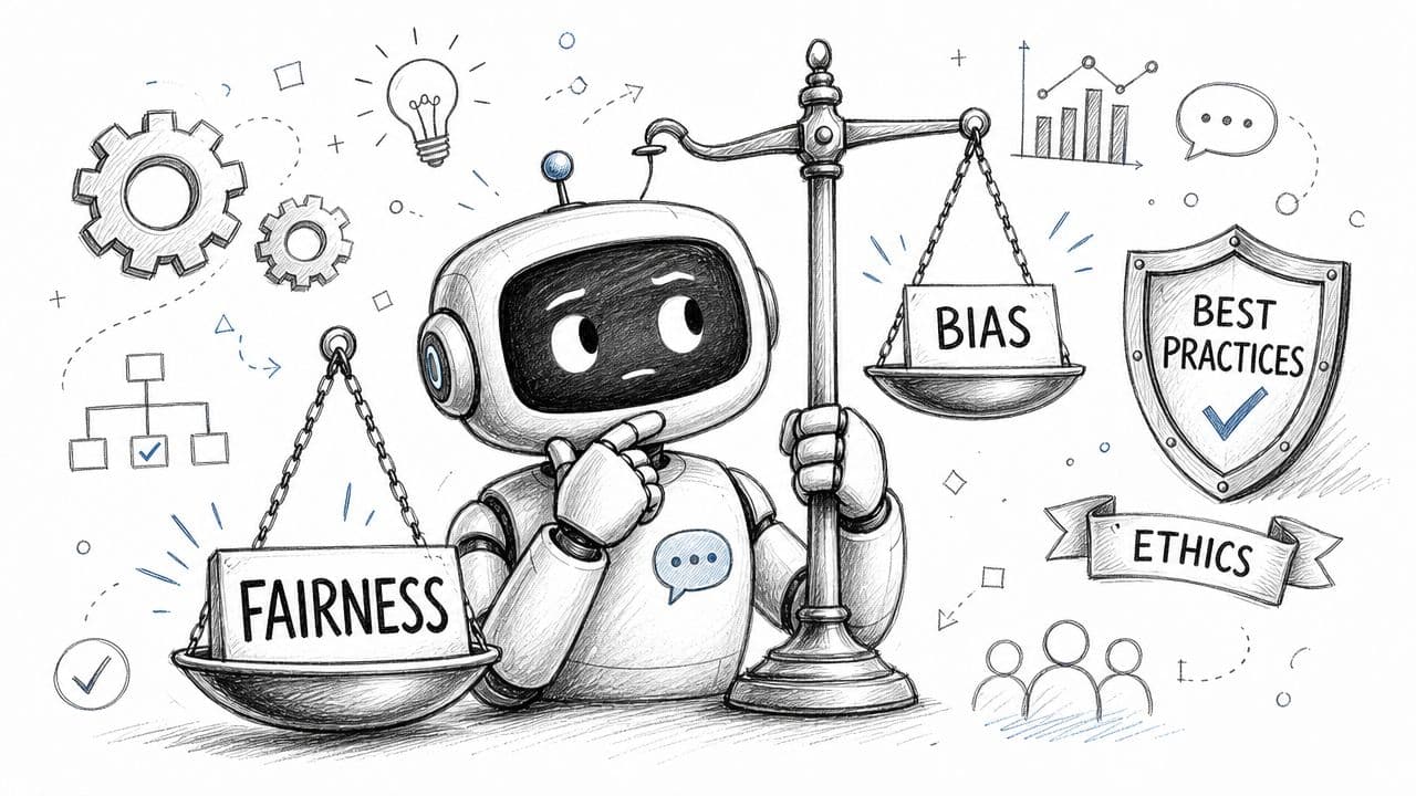A robot balancing scales with fairness and bias, illustrating ethical considerations in artificial intelligence and technology.