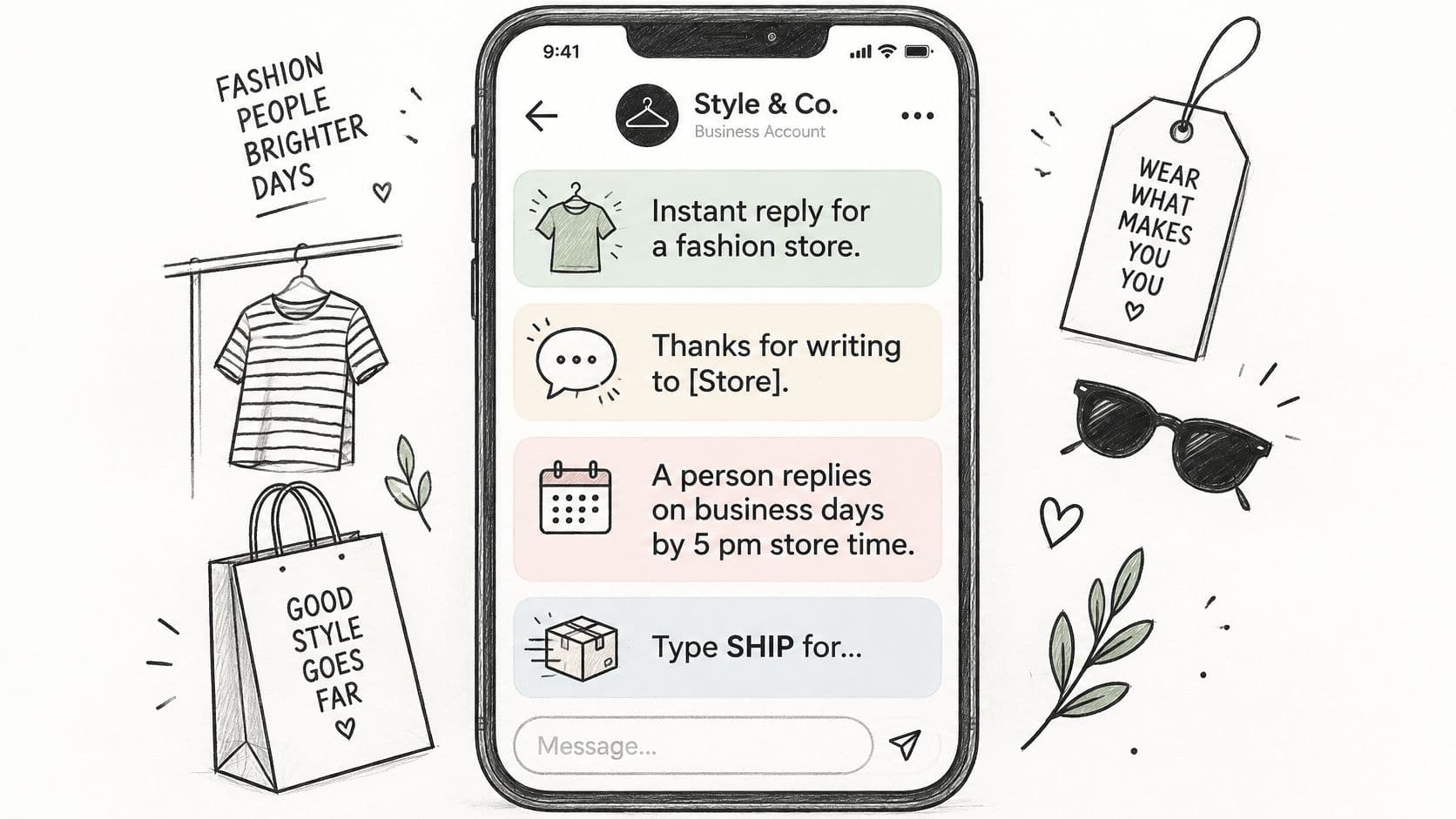 A hand-drawn illustration showing a mobile phone screen displaying business automated message settings for a fashion brand.