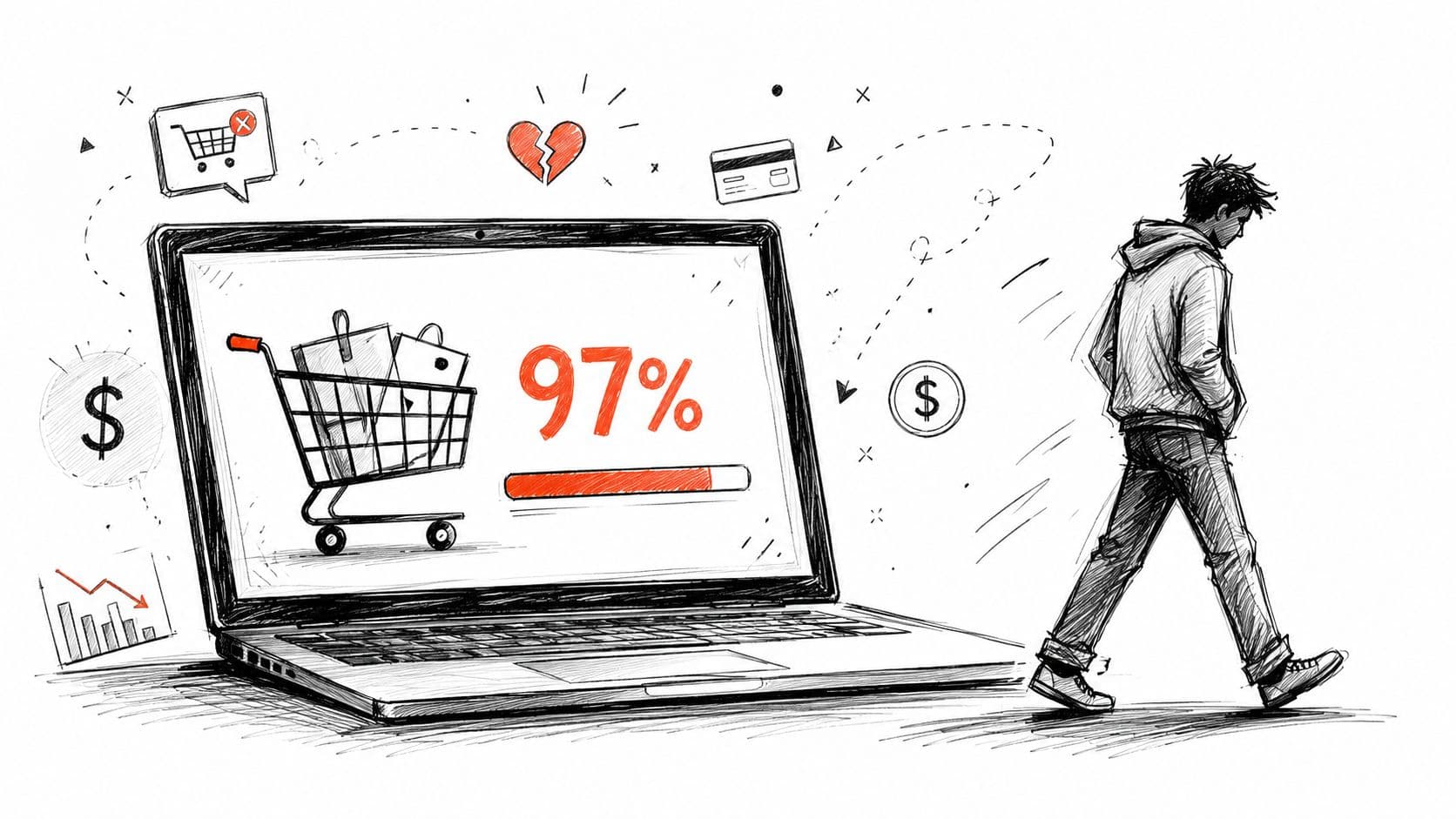 A pencil sketch of a man walking away from a laptop displaying an abandoned shopping cart percentage.