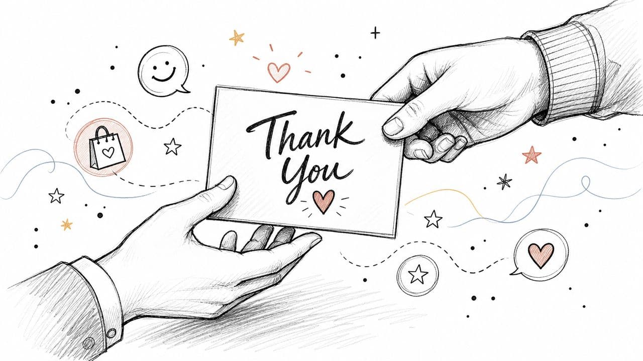 A pencil sketch of two hands exchanging a thank you card decorated with hearts and stars.