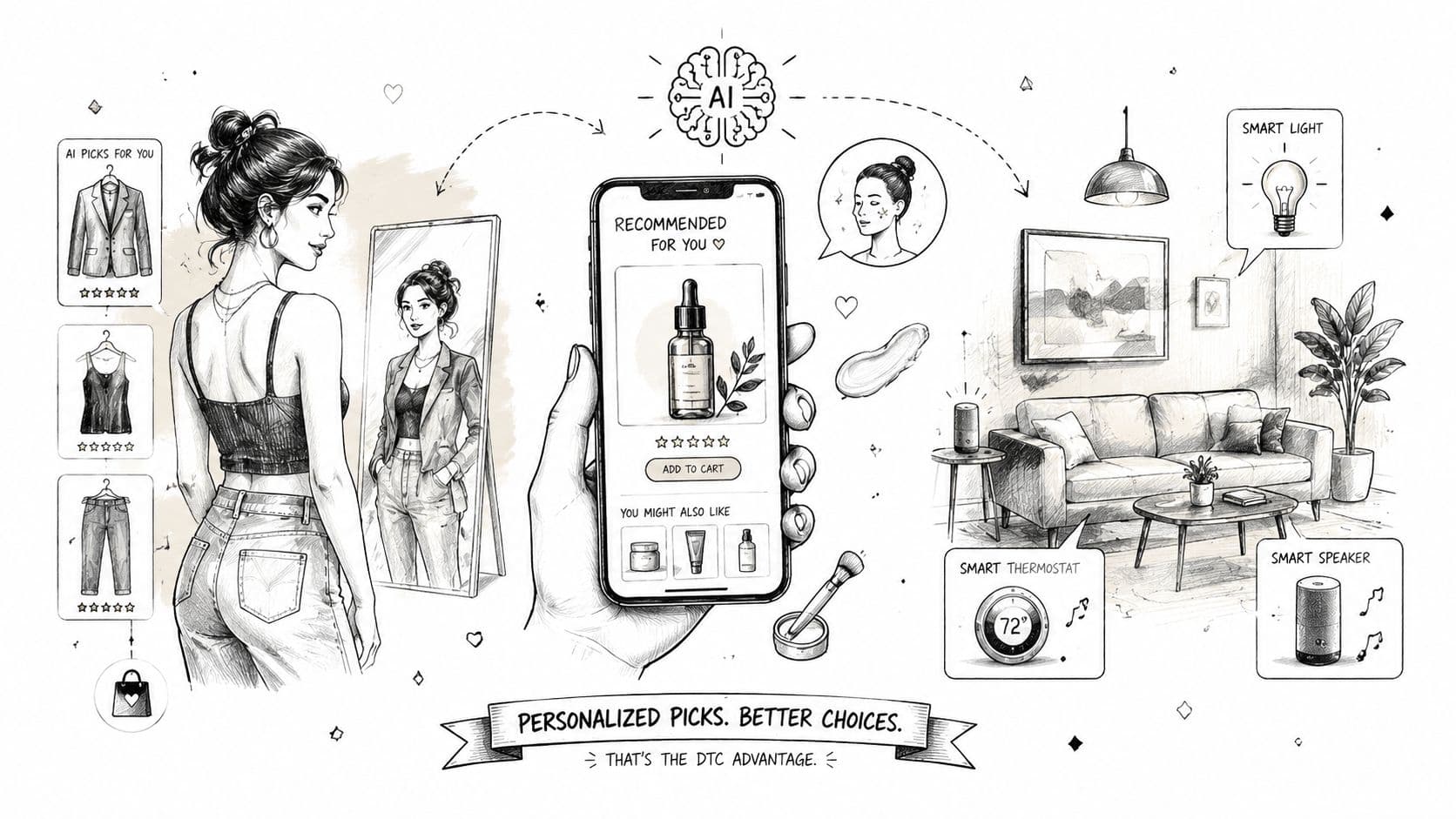 A conceptual illustration showing how AI personalizes product recommendations for fashion, beauty products, and smart home devices.