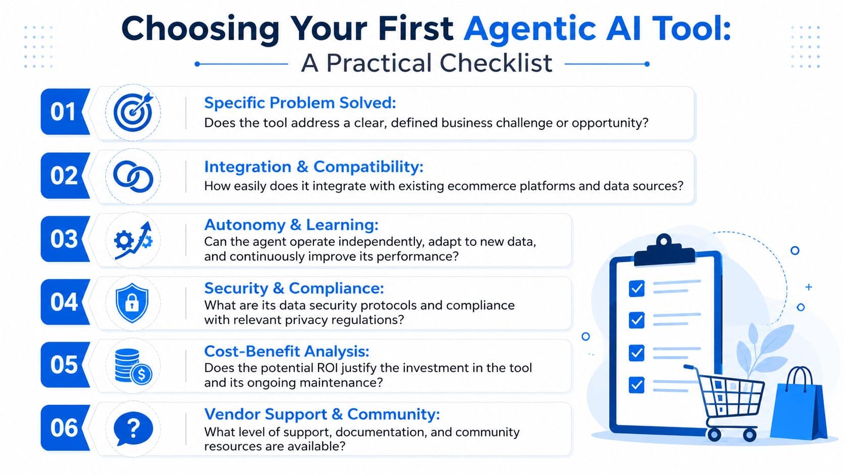 A checklist infographic titled Choosing Your First Agentic AI Tool, listing six key considerations for evaluating AI technology.
