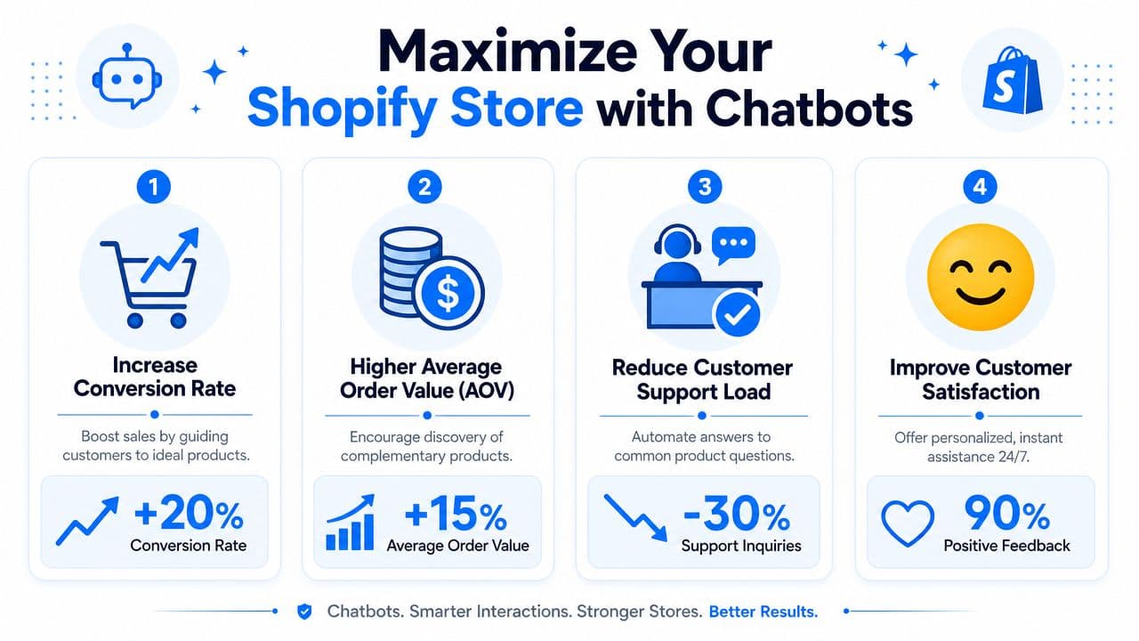 An infographic showing how to maximize Shopify store performance using automated chatbots to boost key business metrics.