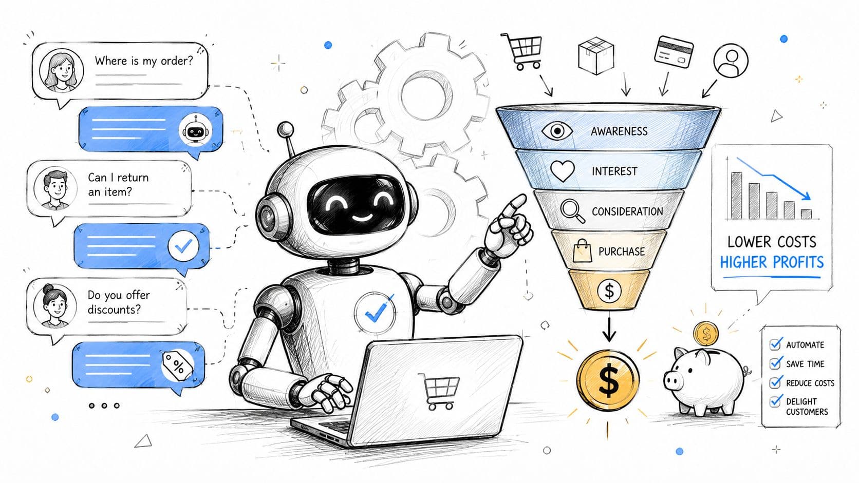 A robot interacting with customers and managing a sales funnel to increase profits and reduce operational costs.
