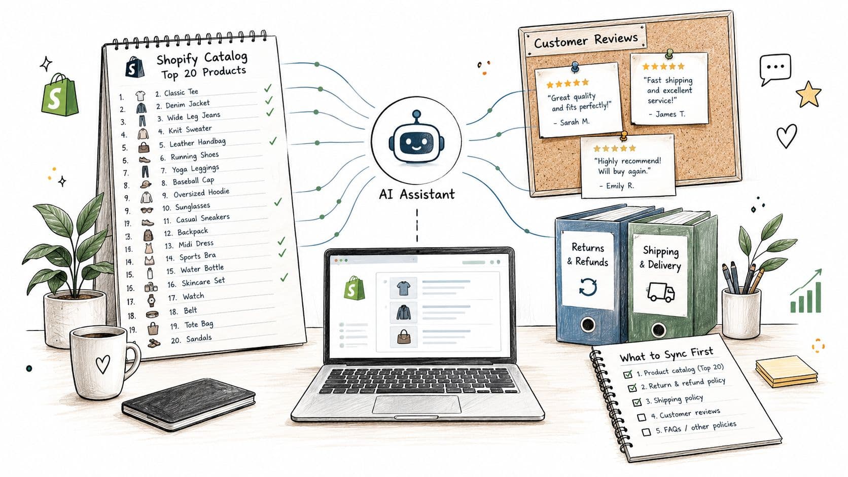 A hand-drawn illustration showing an AI assistant connecting a Shopify product catalog, customer reviews, and shipping documents.