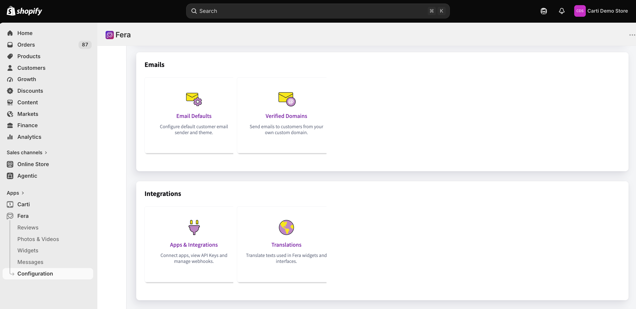 Fera Configuration, with Apps & Integrations under the Integrations heading